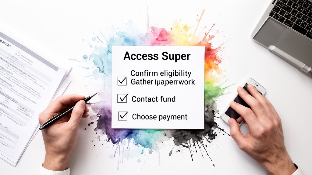 A person’s hands interacting with a superannuation checklist, documents, a pen, phone, and laptop.
