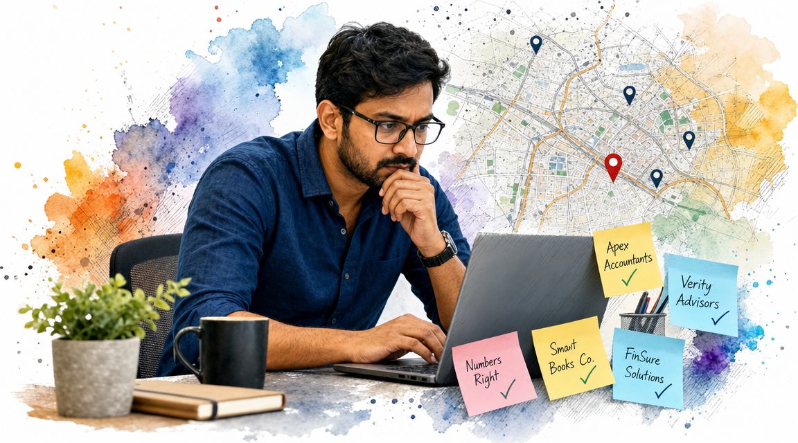 A professional man analyzing accounting business locations on a laptop with sticky notes for service providers.