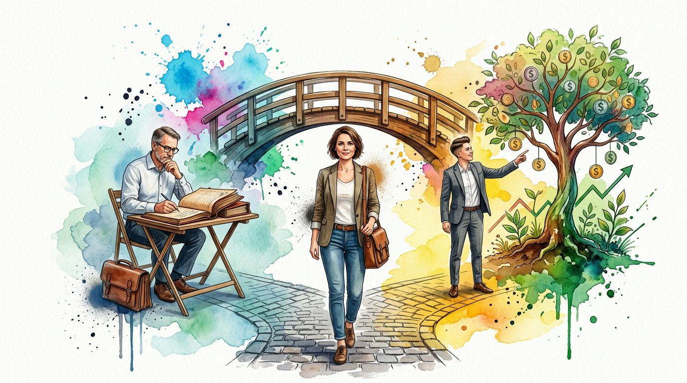 A professional woman walks between an accountant working at a desk and a successful business growth scene.
