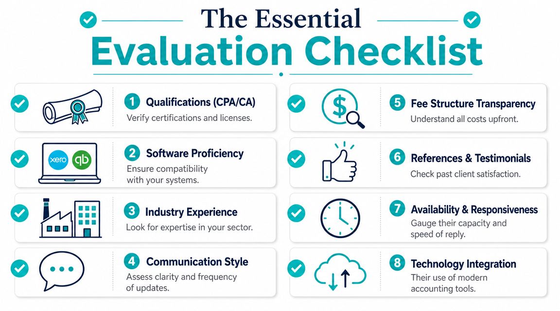 An evaluation checklist for choosing an accountant featuring eight essential criteria for small business owners.