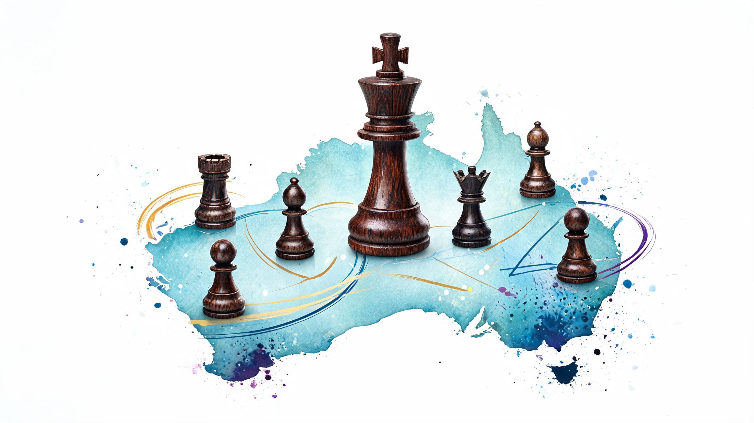 Chess pieces positioned on a stylized watercolor map of Australia representing strategic financial planning and investment.