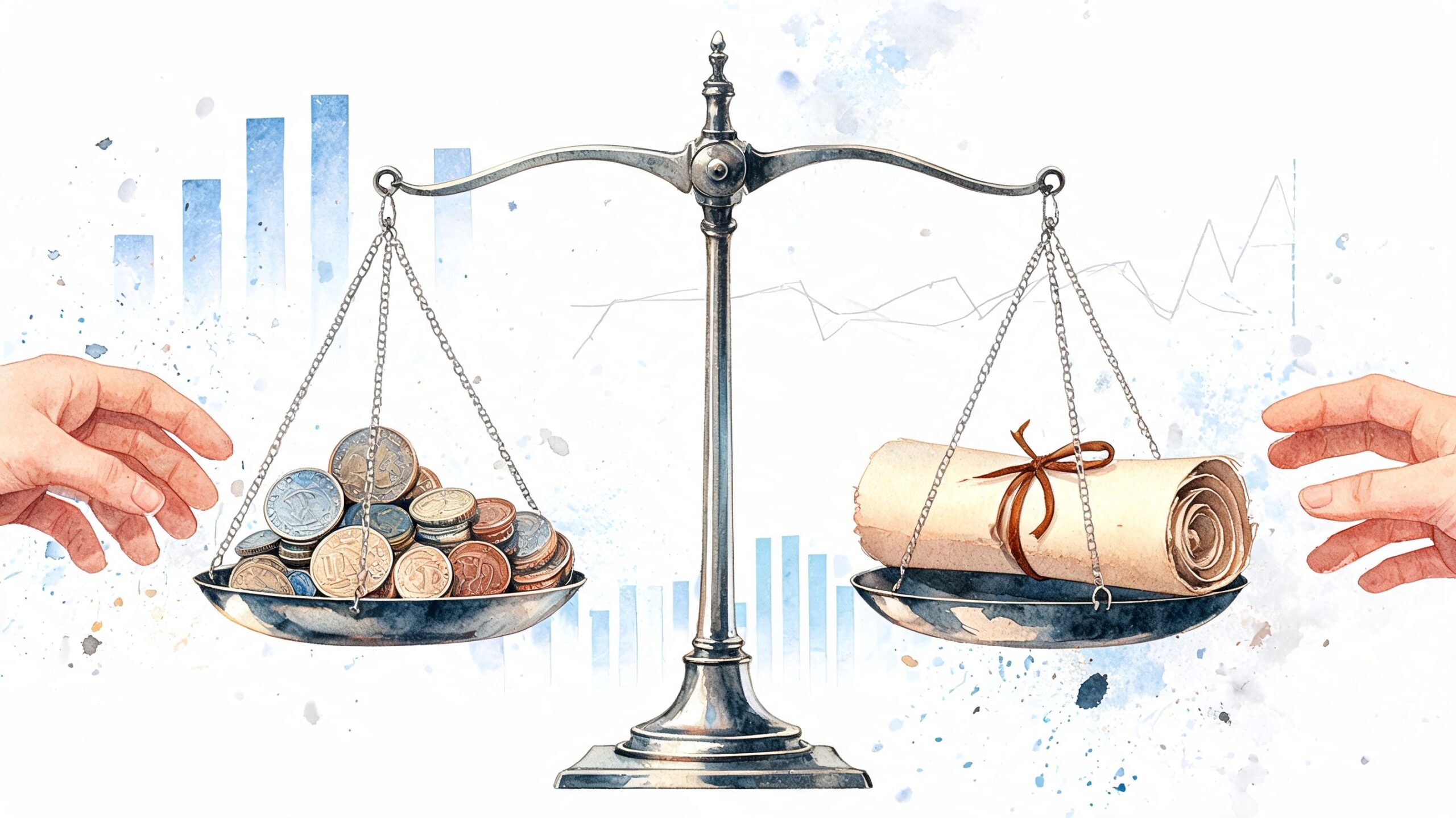 A conceptual illustration of a balance scale weighing physical coins against a rolled document with a ribbon.