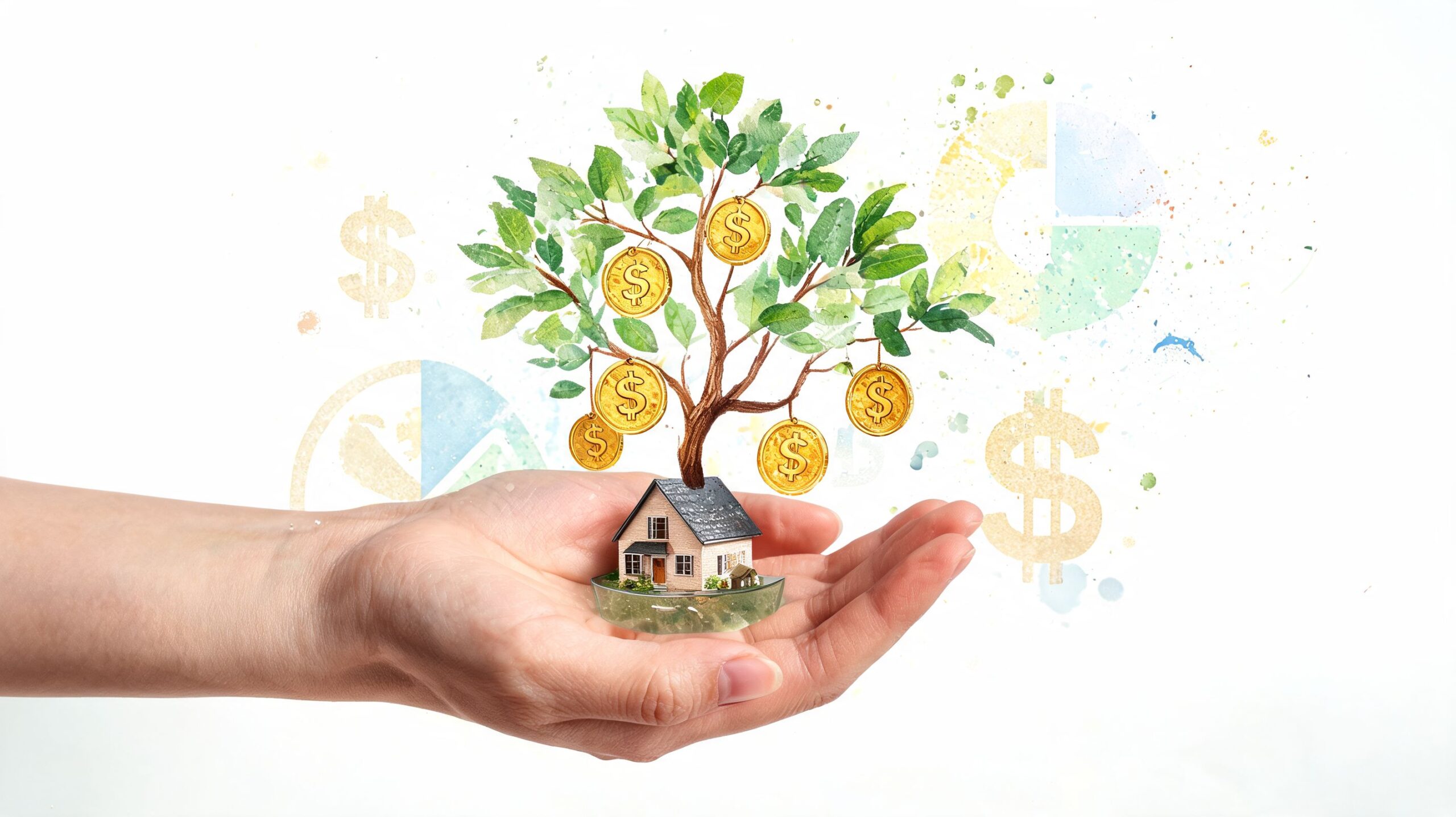 A hand holding a small house with a growing tree bearing golden dollar coins as fruit.
