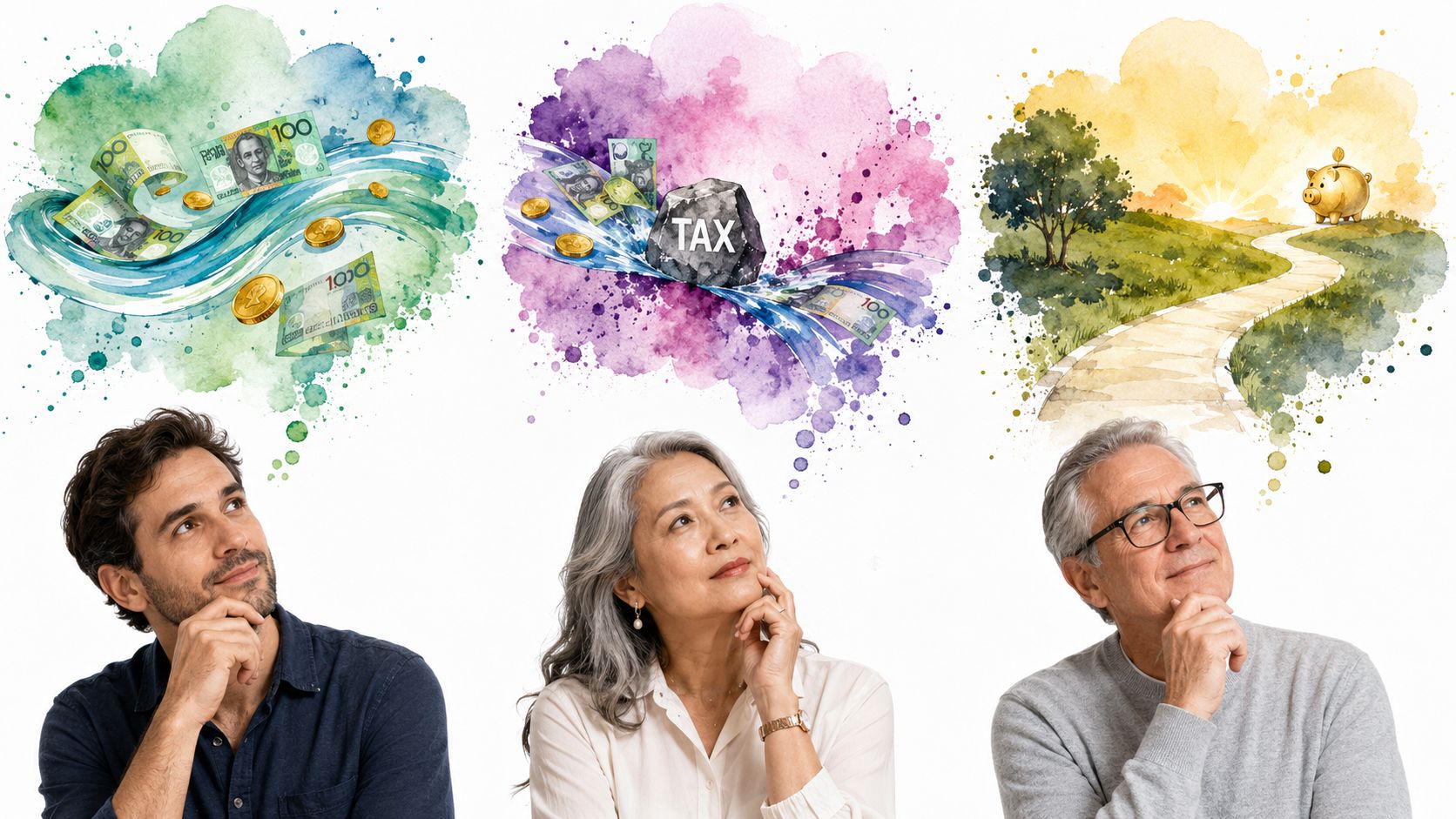A young man, a middle-aged woman, and an older man thinking about finances, taxes, and retirement savings.