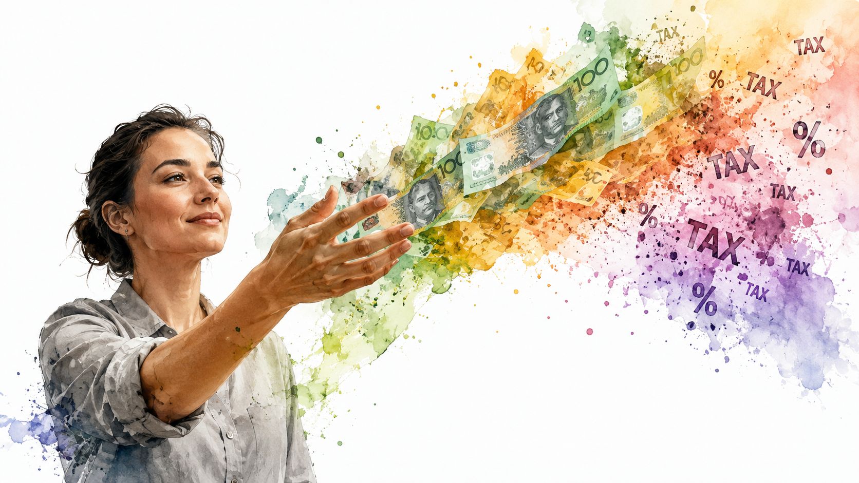 A woman looks at paper money transforming into tax symbols in a colorful artistic watercolor style illustration.