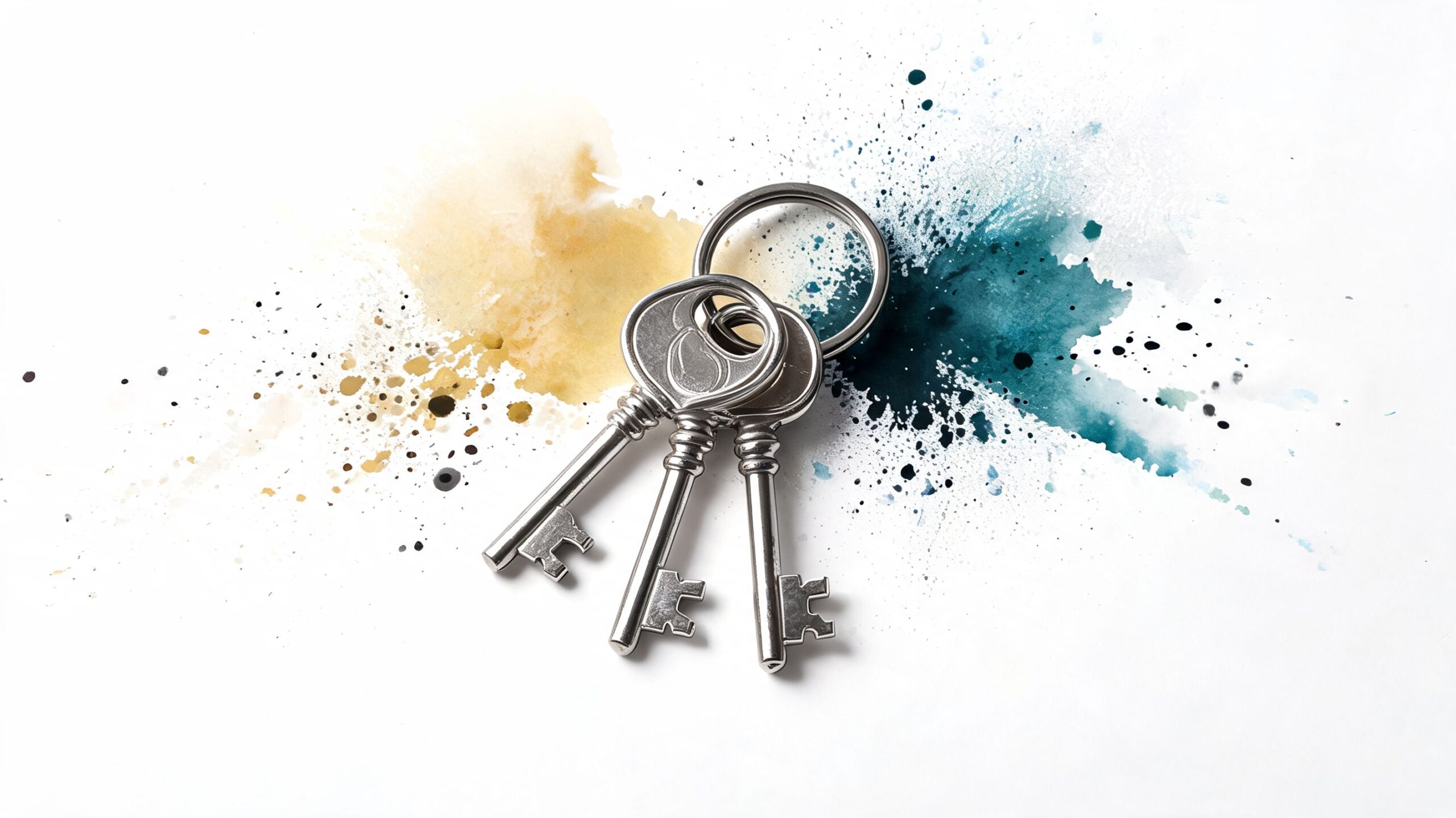 Three metal keys on a ring set against a background of yellow and blue watercolor paint splatters.