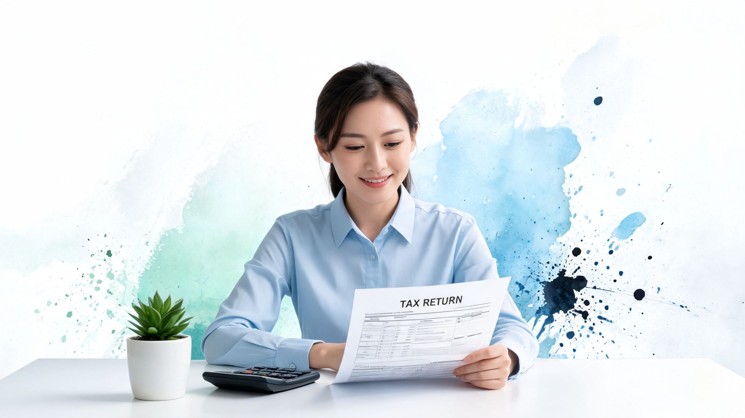 A smiling young Asian professional holding a tax return document while seated at a desk.
