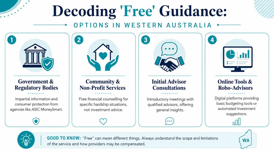 An infographic titled Decoding Free Guidance outlining four free financial advice options in Western Australia.
