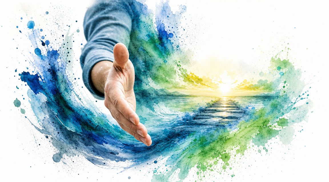 A hand reaching out from a vibrant watercolor splash, symbolizing guidance, support, and a path toward success.