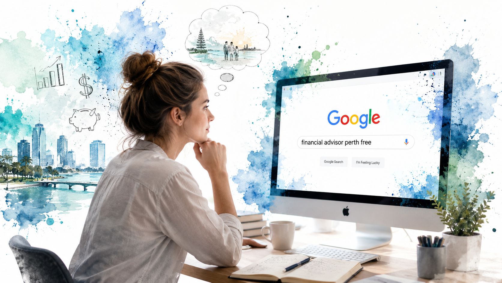 A woman contemplating her financial future while searching for a free financial advisor in Perth on Google.