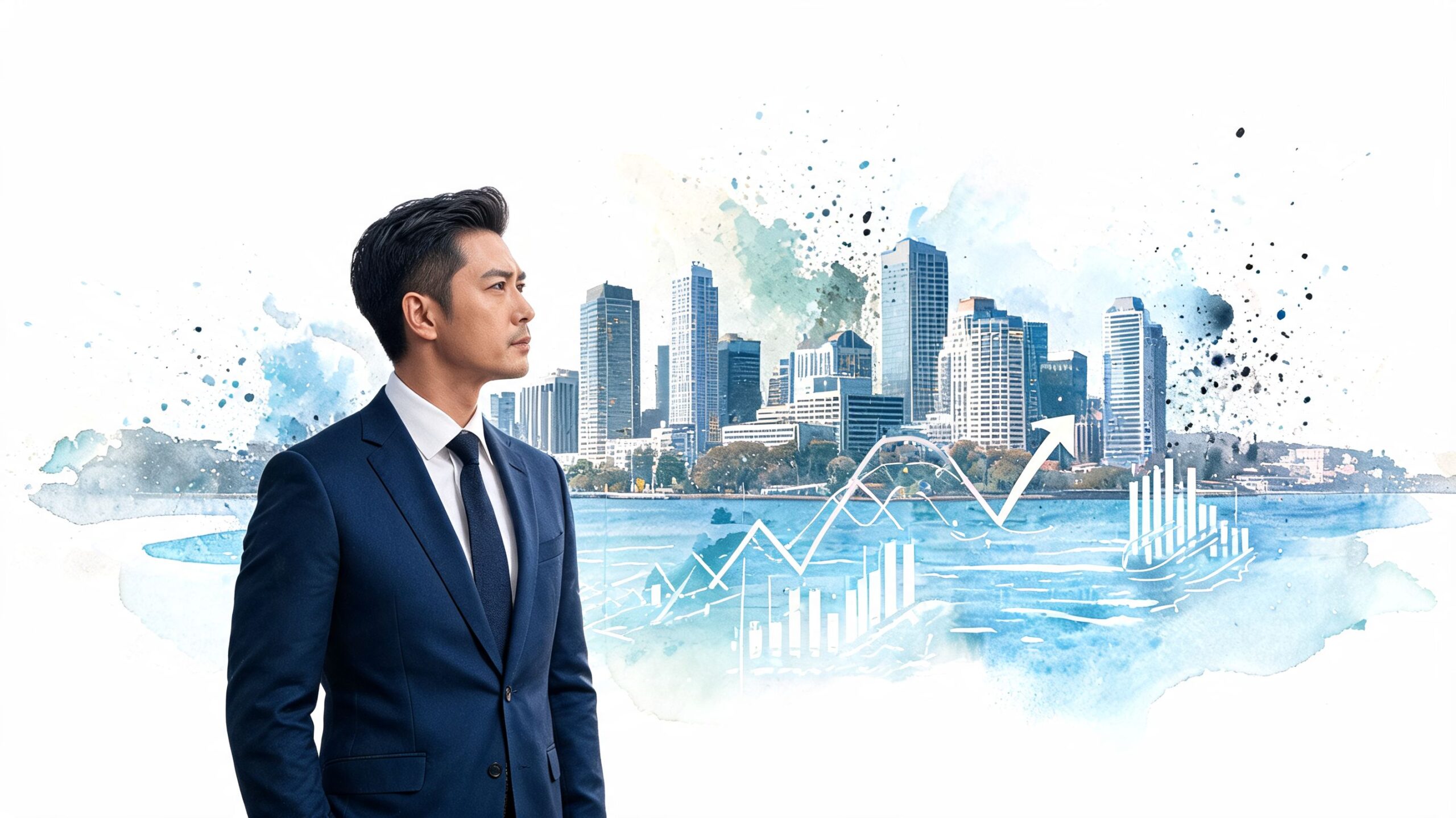 A professional businessman looking towards a stylized skyline and financial growth charts for financial planning.
