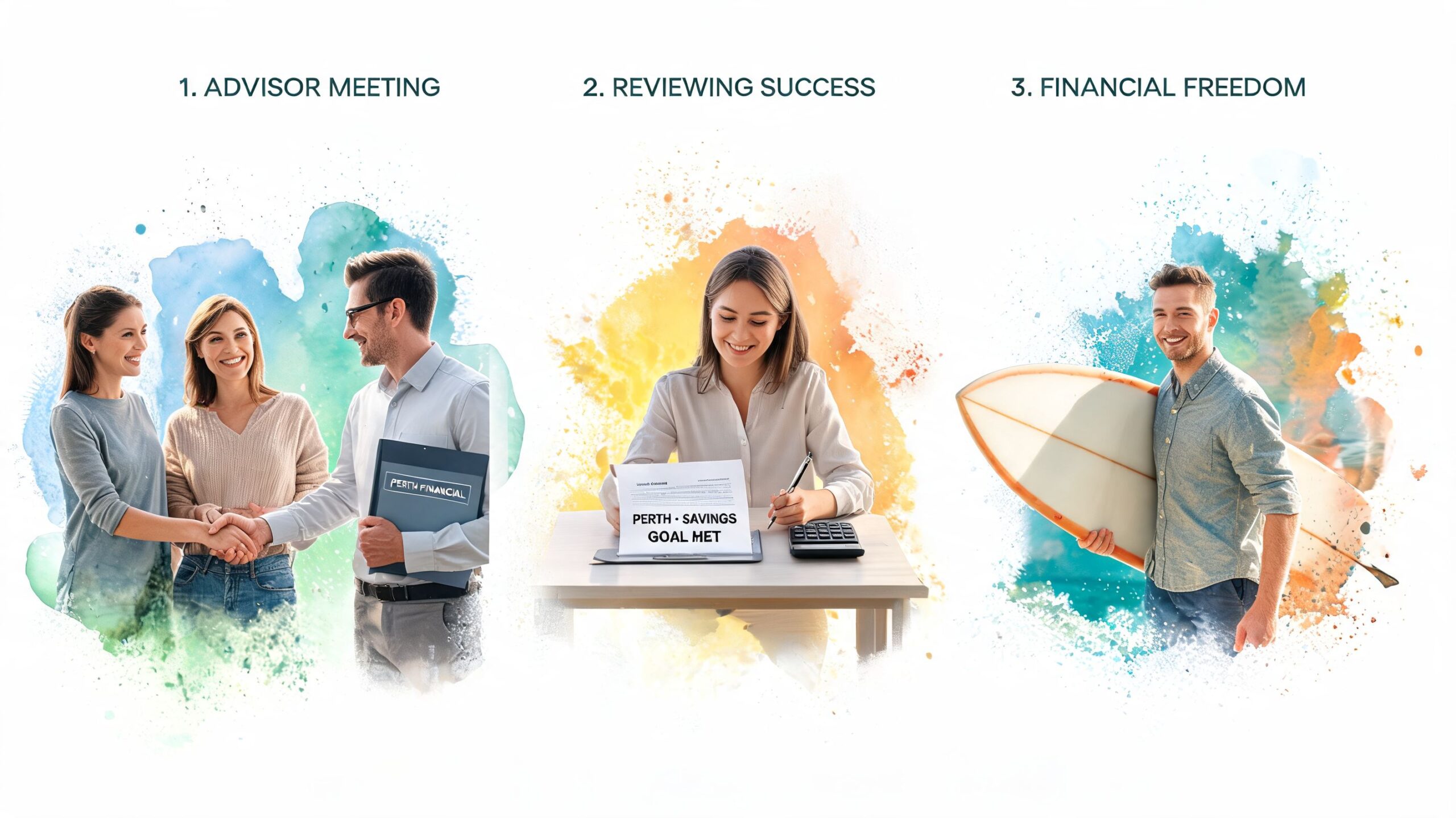 Three stages of financial planning from advisor meeting to reaching savings goals and enjoying financial freedom.