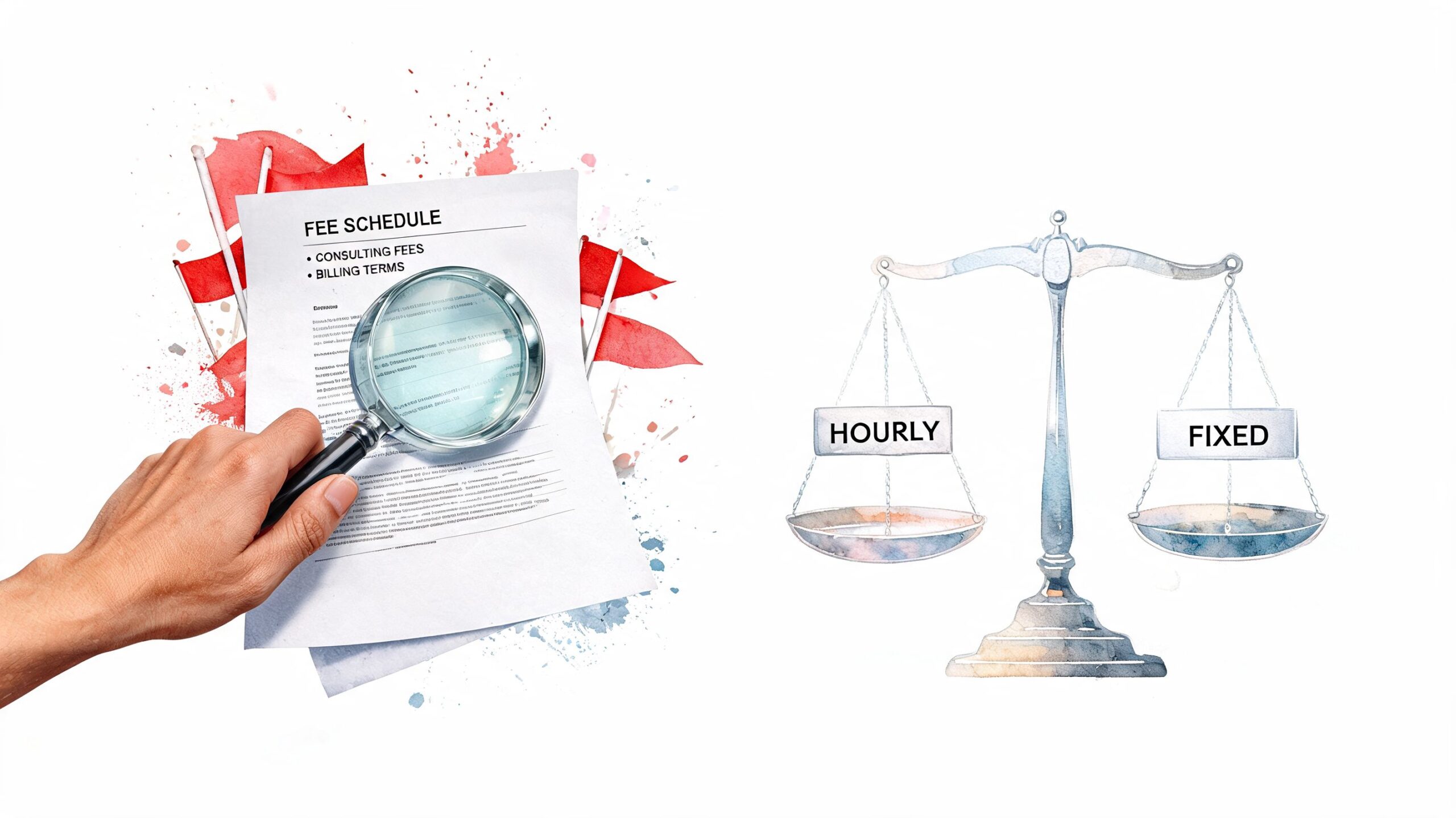 A magnifying glass examining a fee schedule document next to a scale balancing hourly and fixed pricing.
