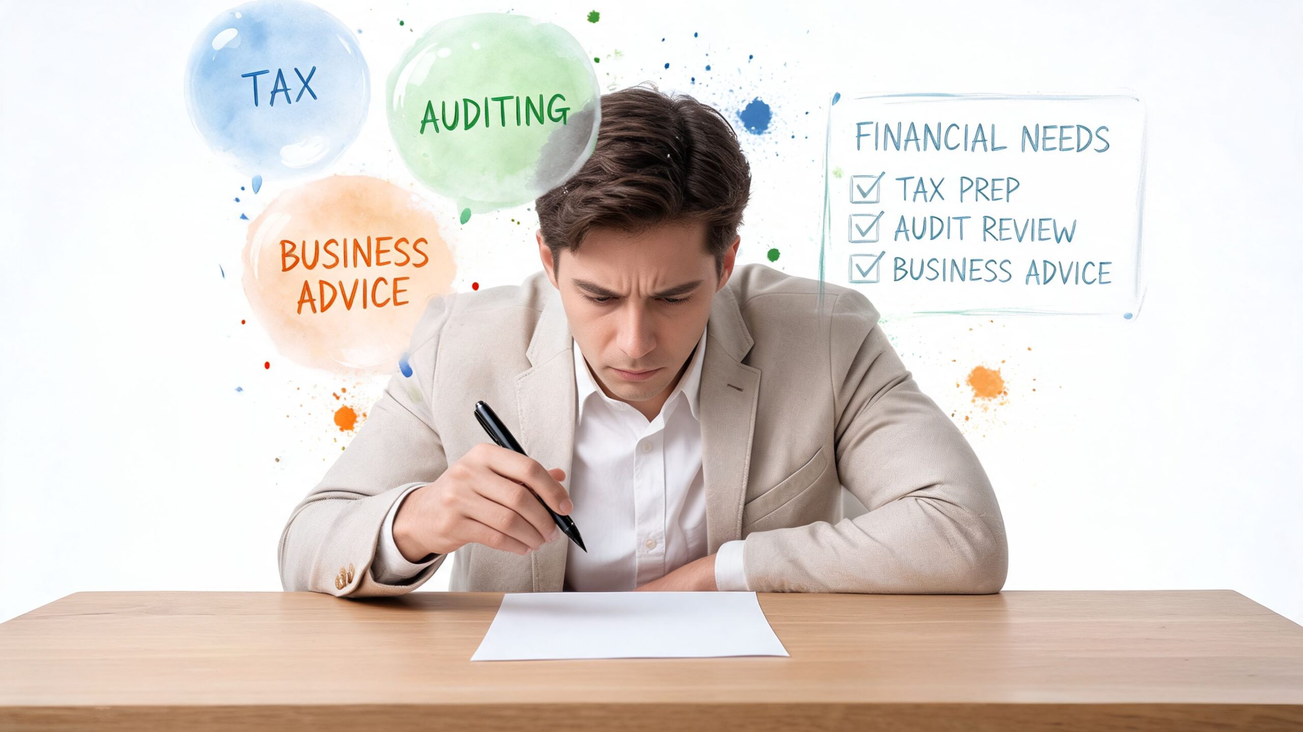 A professional man sitting at a desk and reviewing financial documents for business accounting services.