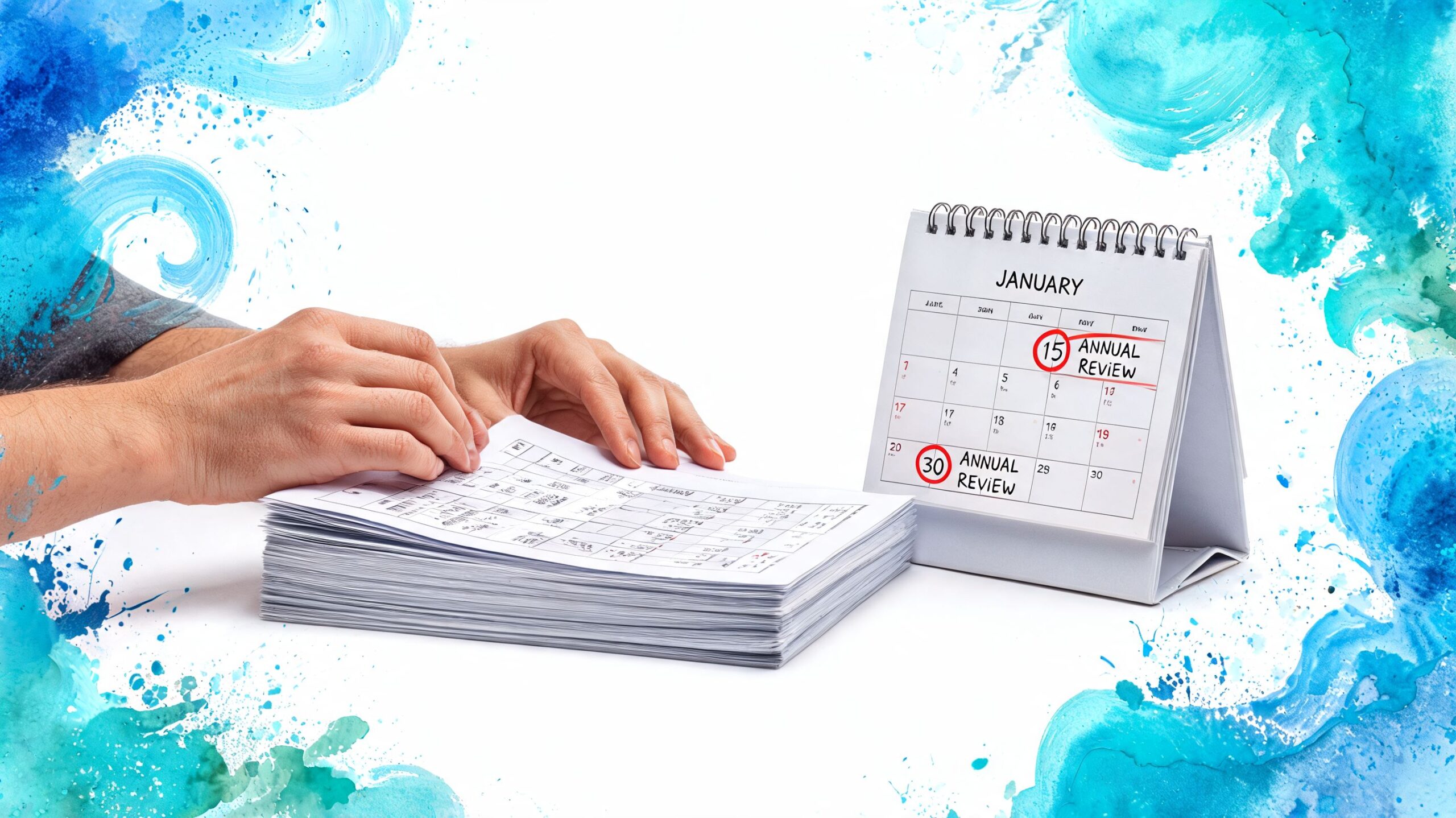 A person organizing a stack of documents next to a calendar highlighting annual review dates in January.