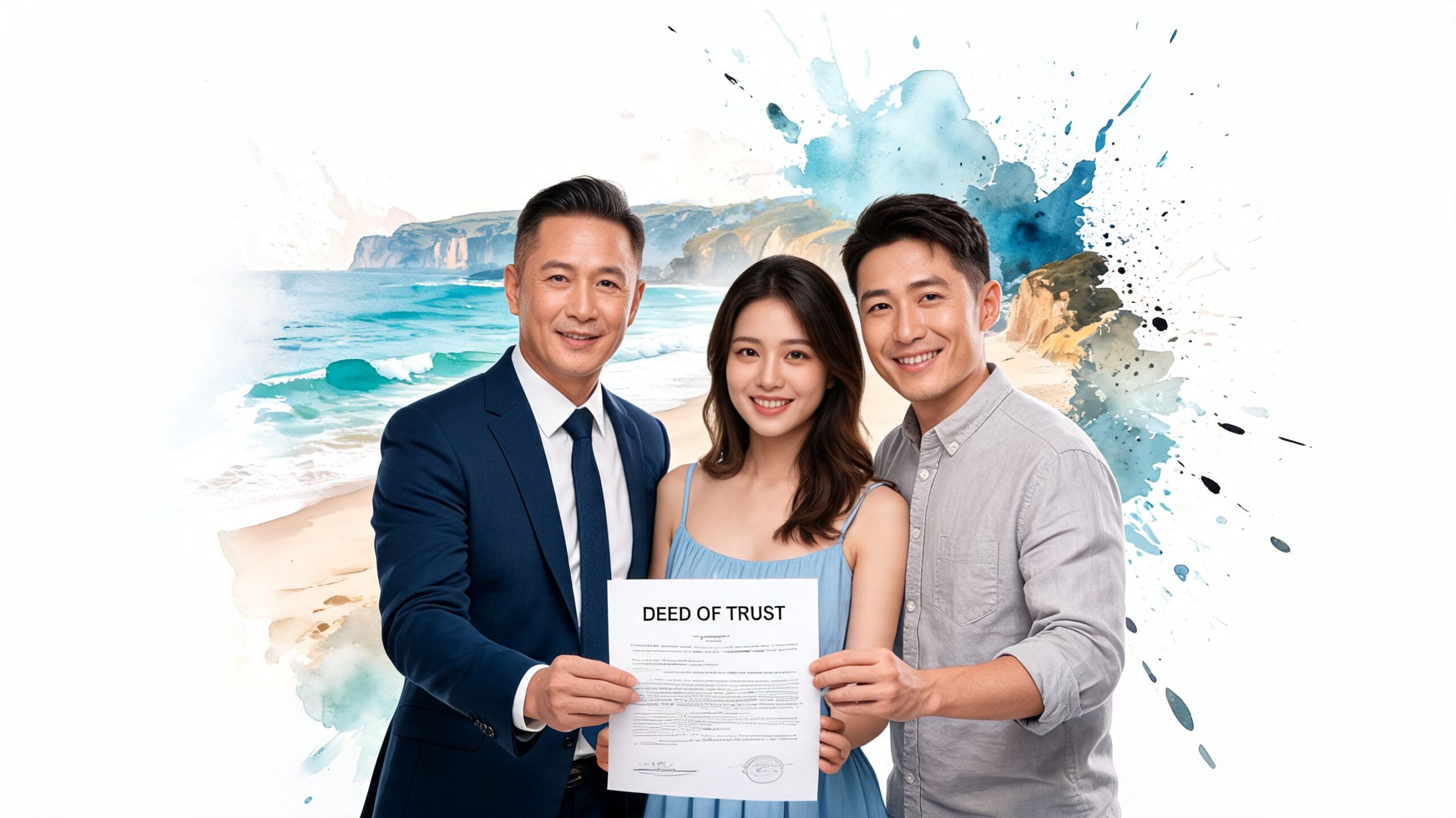 A professional man and a happy young couple holding a deed of trust document together.