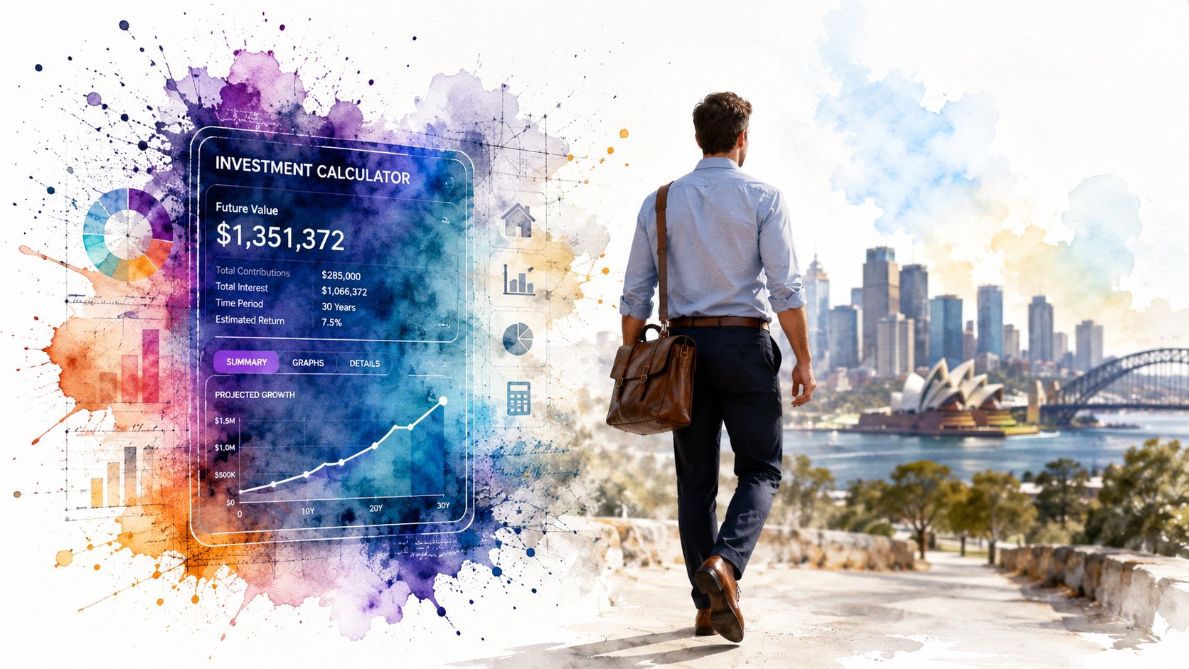 A man walks towards a Sydney skyline with a digital investment property calculator overlaying the colorful background.