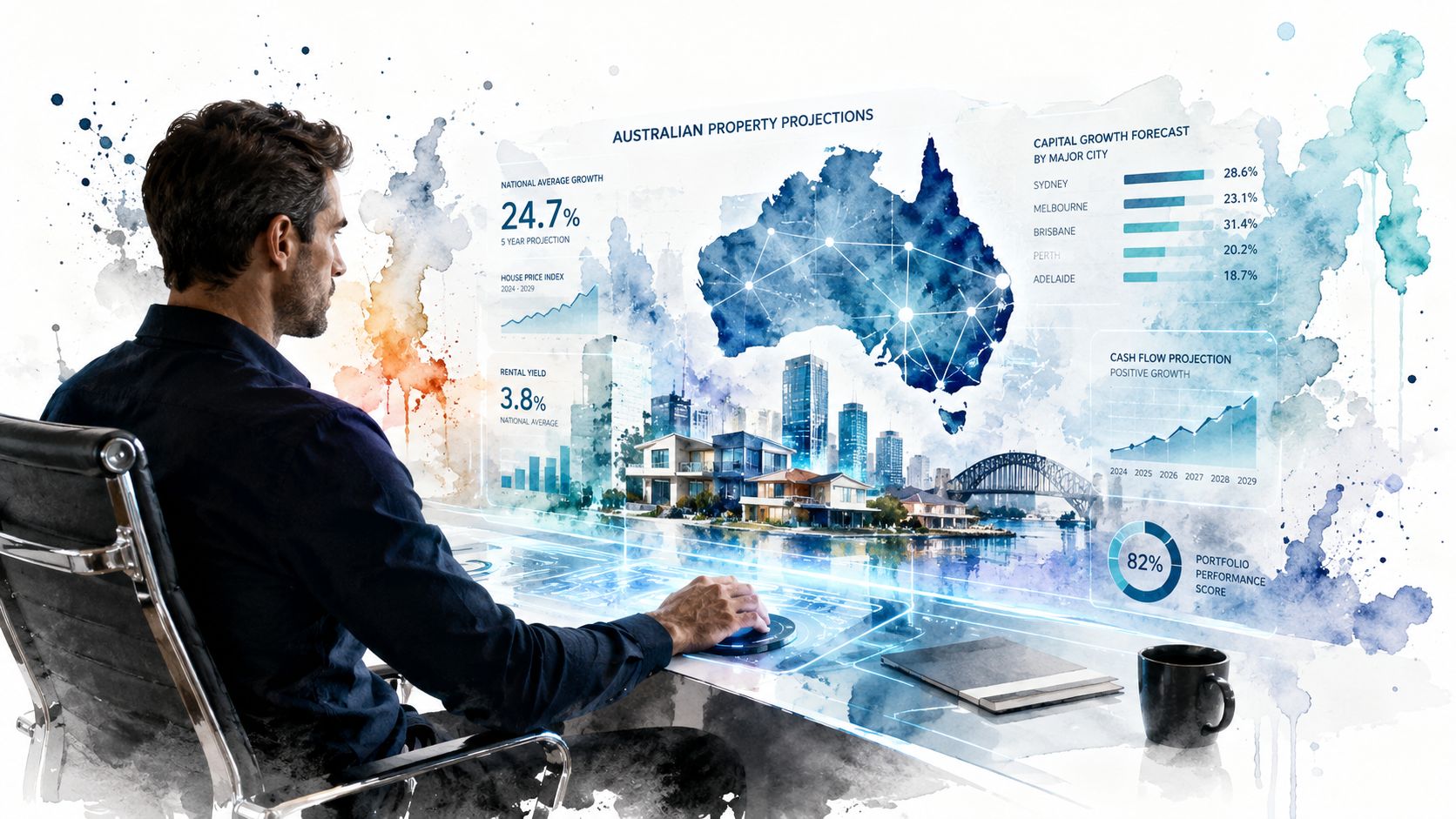 A professional analyzing Australian property investment projections on a futuristic digital display interface in a modern office.