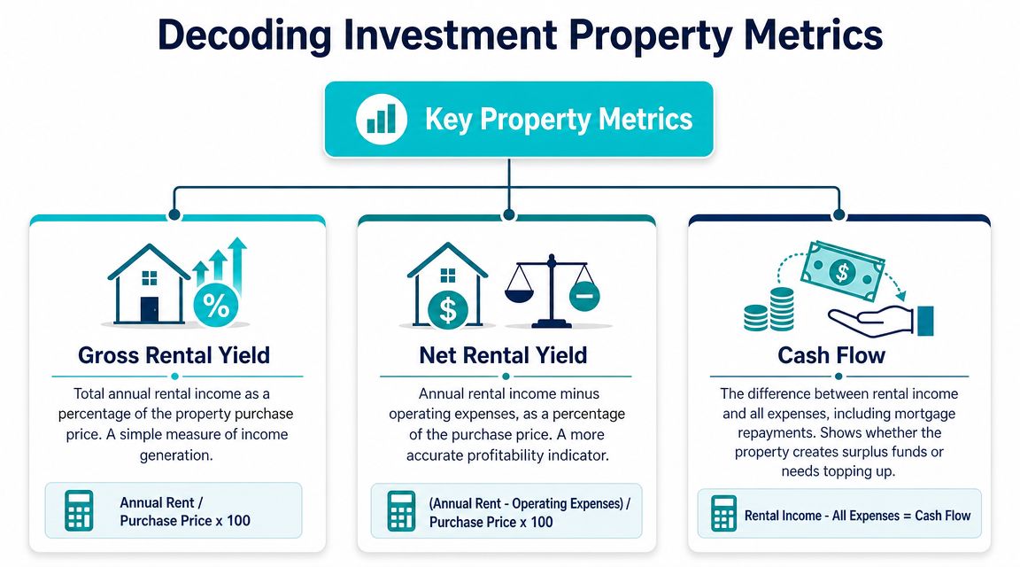 An infographic titled Decoding Investment Property Metrics explaining gross rental yield, net rental yield, and cash flow formulas.