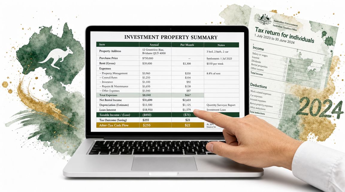 A hand pointing at an investment property summary spreadsheet displayed on a laptop screen near a tax return form.