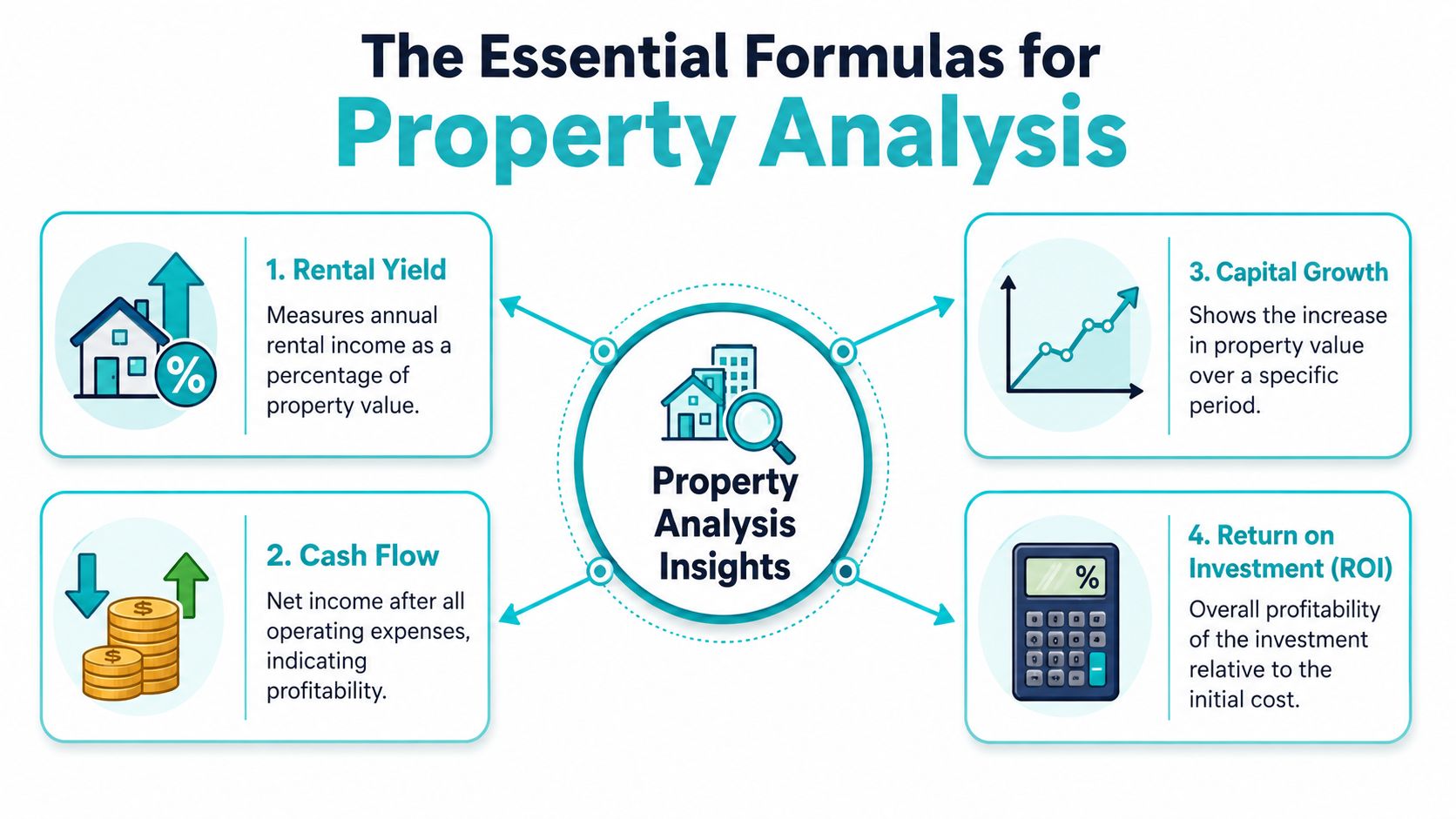 An infographic showing four essential property analysis formulas: Rental Yield, Cash Flow, Capital Growth, and ROI.