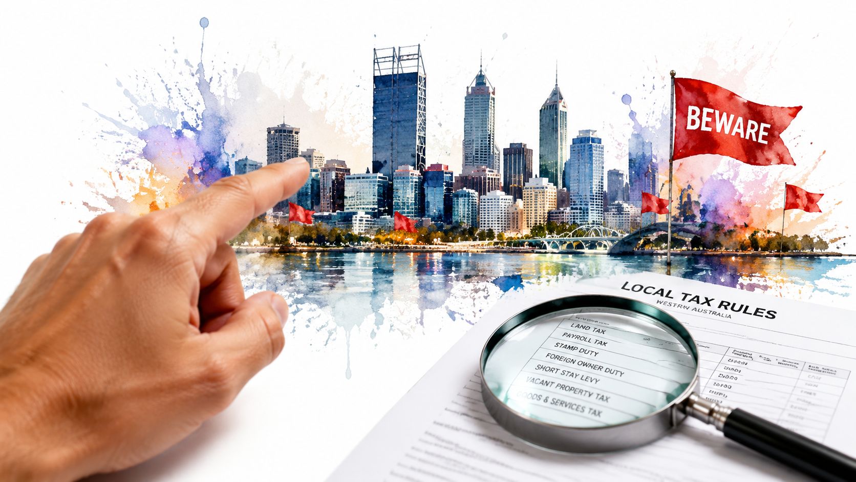 A hand points toward the Perth skyline with red warning flags and a document about taxes.