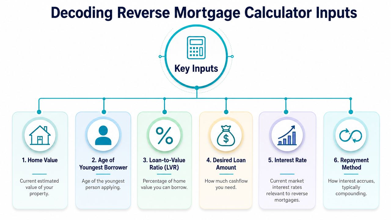 A diagram illustrating the six key inputs required for a reverse mortgage calculator for homeowners.