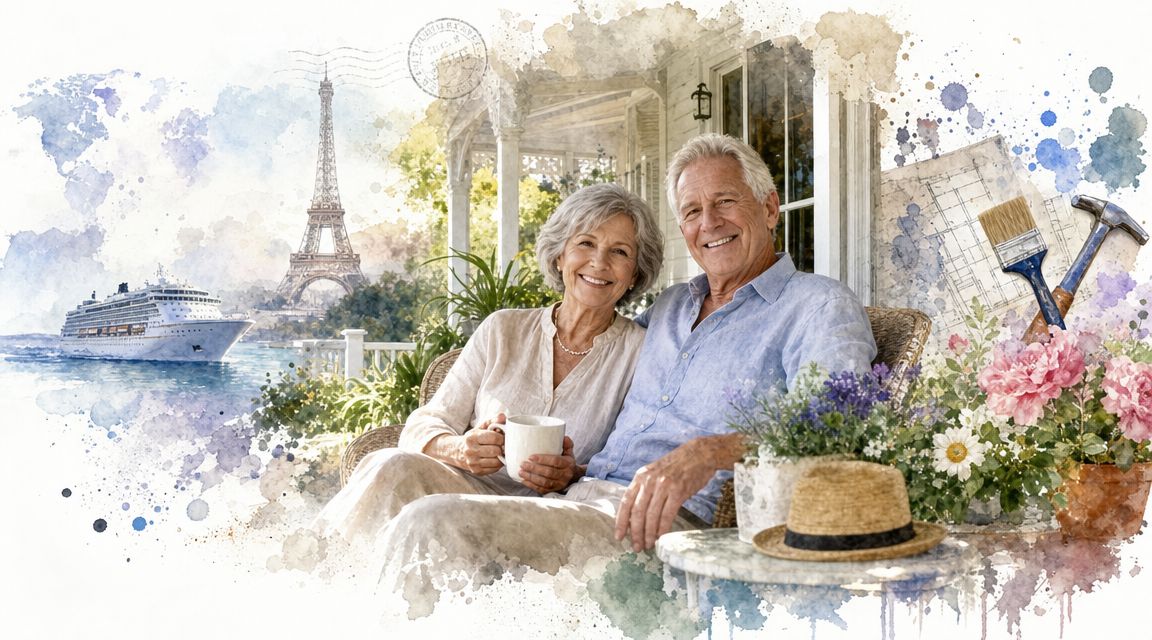 A happy senior couple relaxing on a porch, representing retirement planning and financial freedom in later life.