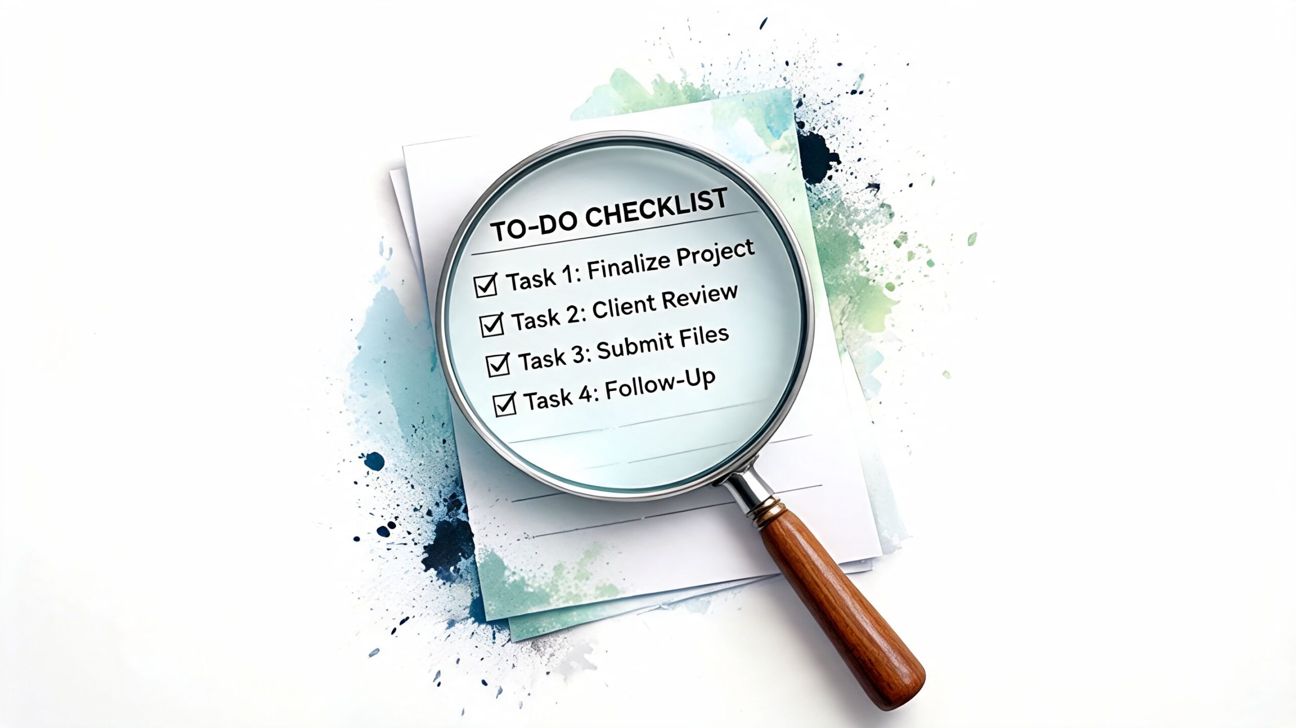 A magnifying glass positioned over a to-do checklist with four completed project tasks on paper.