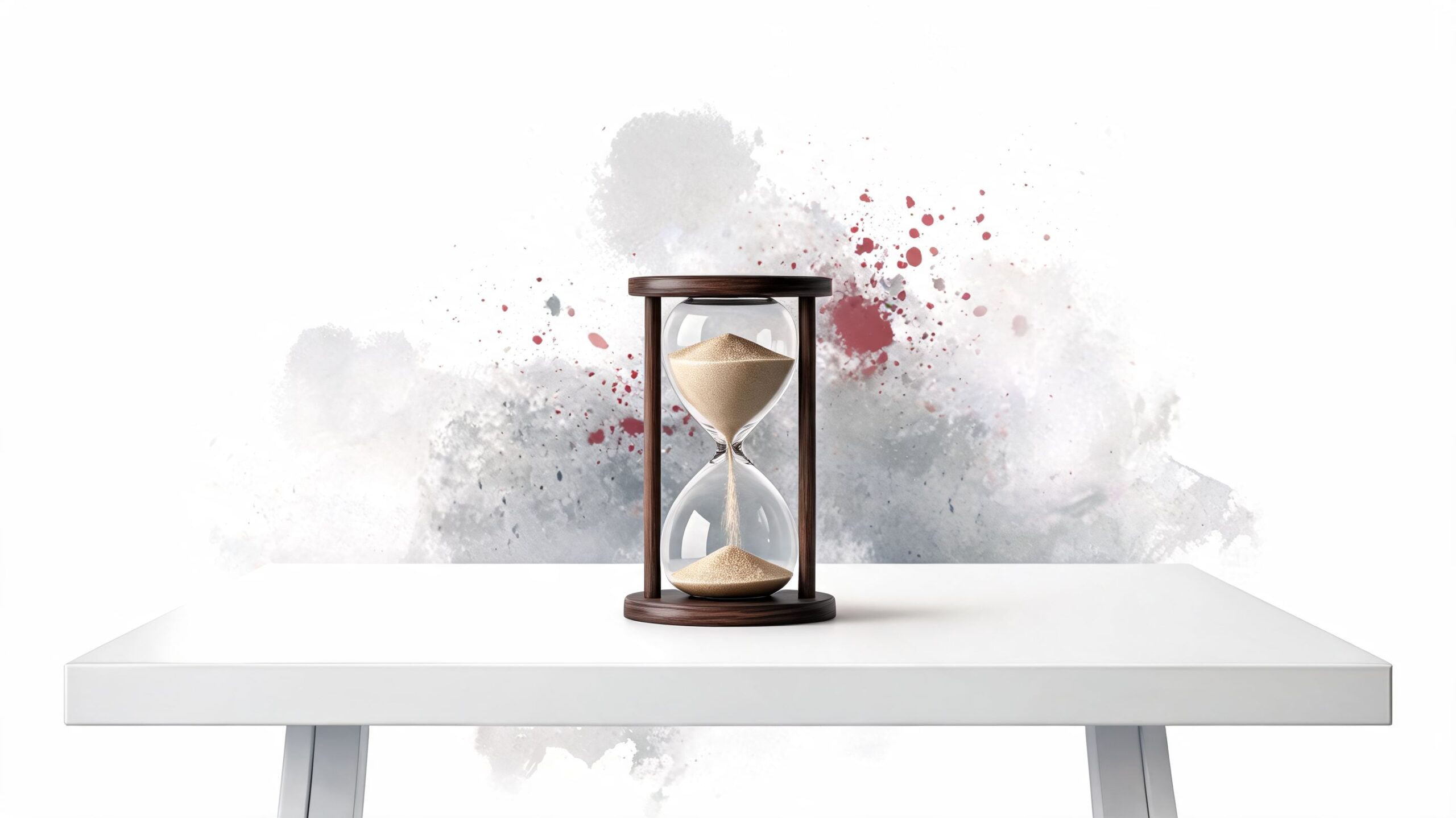 A modern hourglass placed on a white table against an artistic grey and red watercolor background.