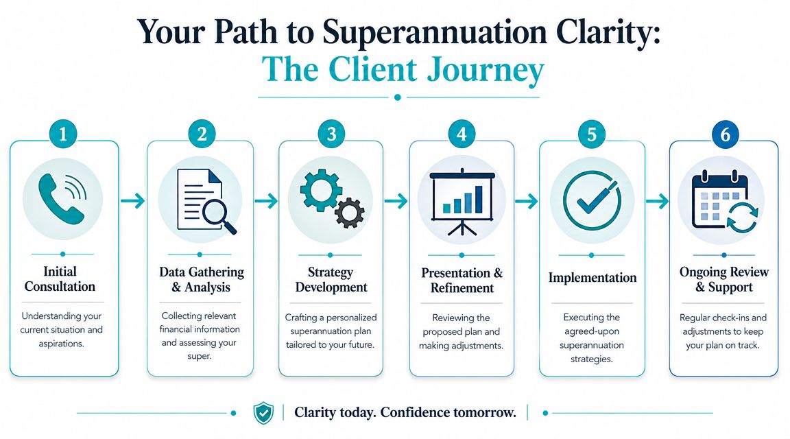 A six-step infographic detailing the professional superannuation financial advisor client journey from consultation to ongoing support.