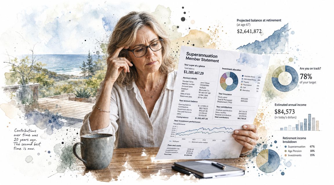 A woman reviewing her superannuation member statement at a wooden desk with charts and graphs.