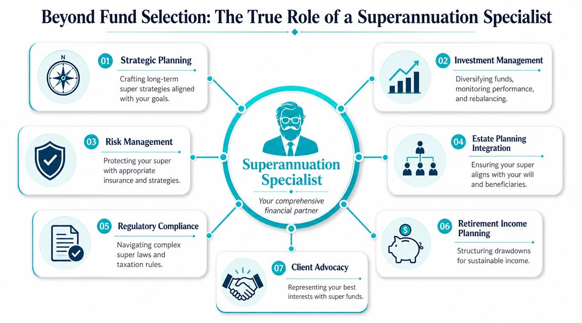 An infographic detailing the seven key roles and responsibilities of a professional superannuation financial advisor.