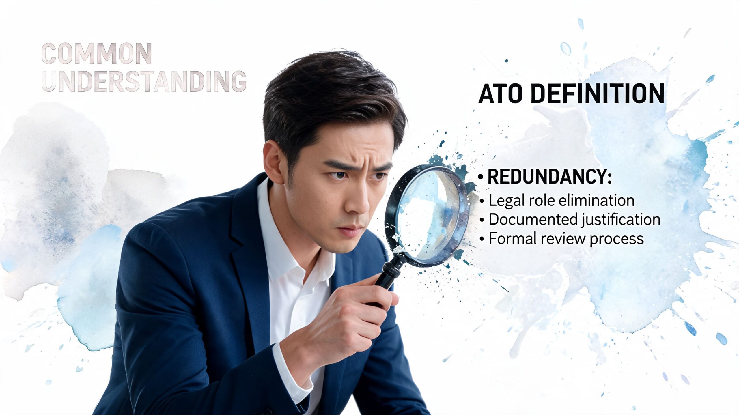 A professional man in a business suit using a magnifying glass to examine redundancy definition criteria.