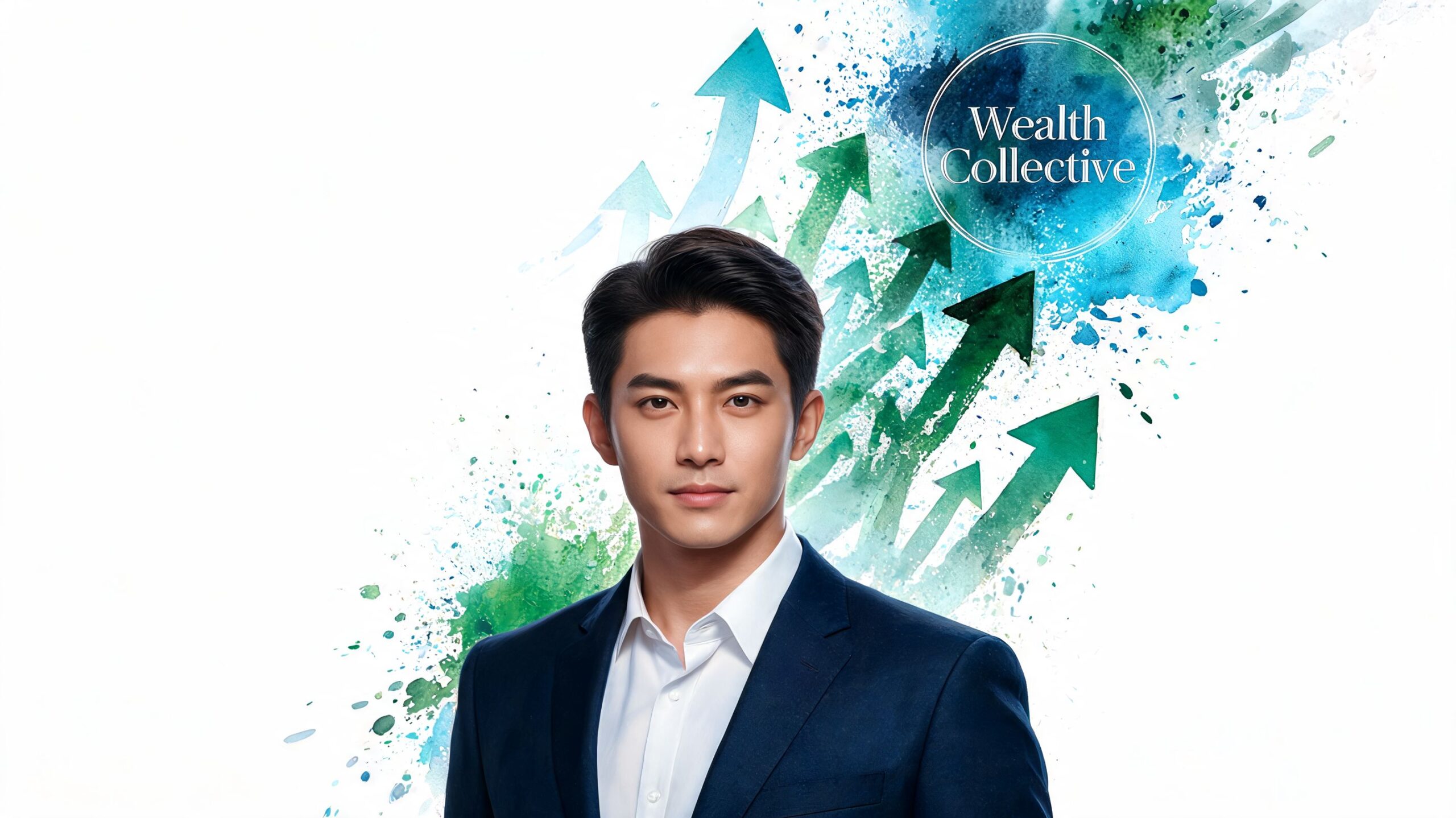 A professional man in a business suit stands against a white background with upward trending growth arrows.