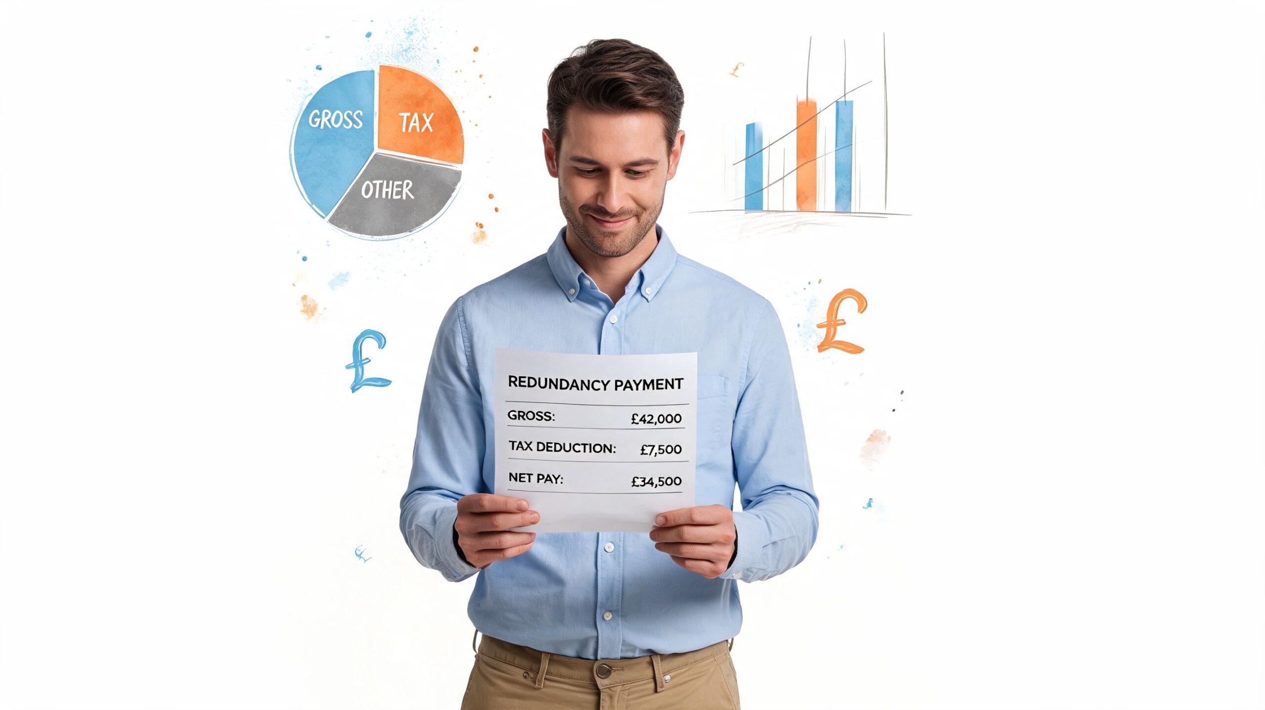 A man smiling while holding a document detailing his redundancy payment breakdown against a white background.