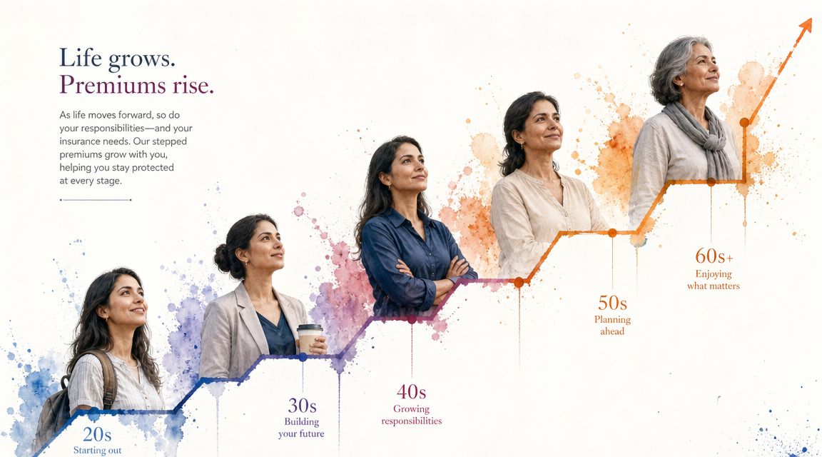 A woman represented at various ages from her twenties to sixties, illustrating life stages and insurance premium growth.