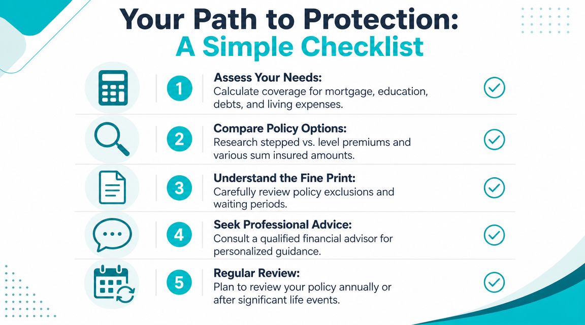 A five-step checklist illustrating the path to protection through insurance for mortgage and living expenses.