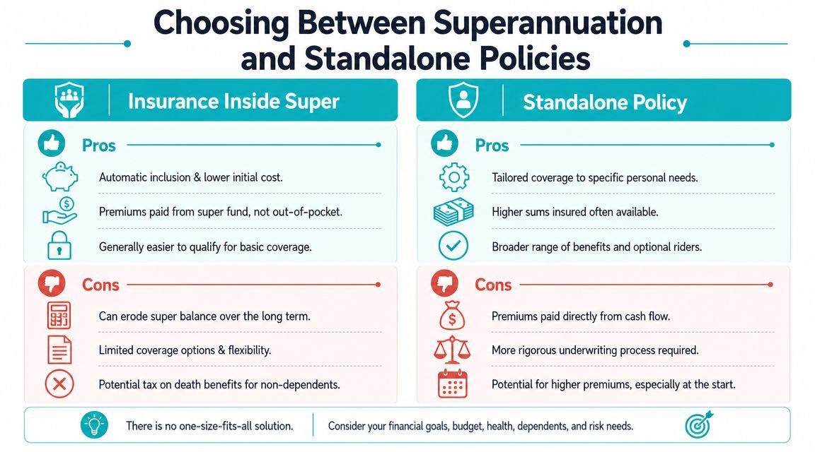 A comparison chart outlining the pros and cons of holding insurance inside superannuation versus standalone policies.
