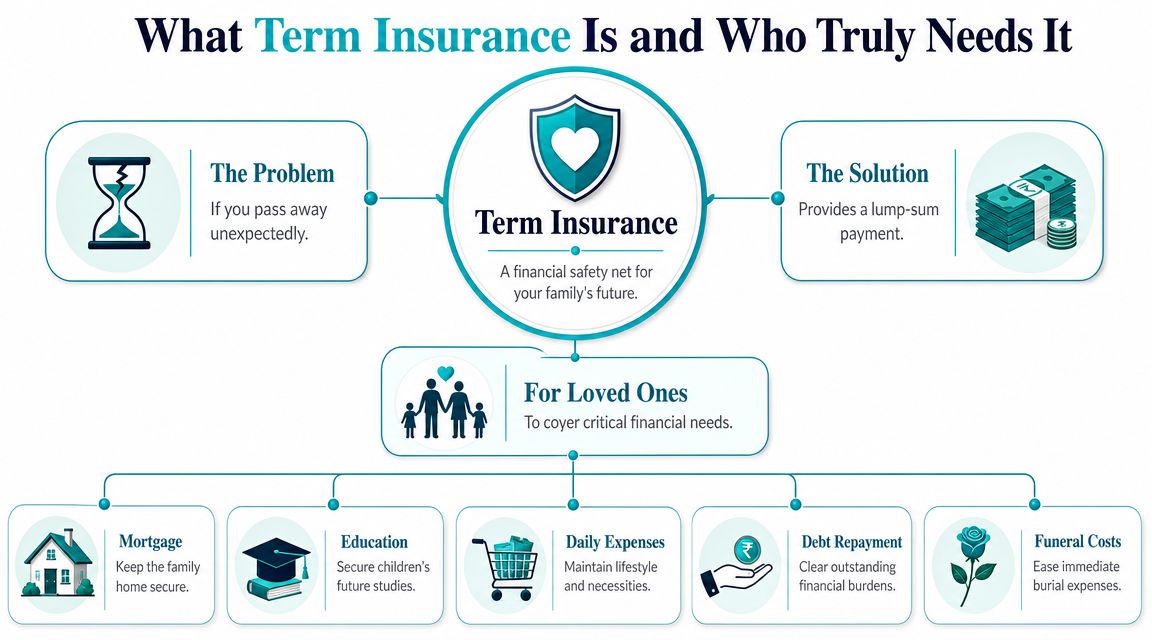 An infographic explaining term insurance as a financial safety net for families and covering critical needs.
