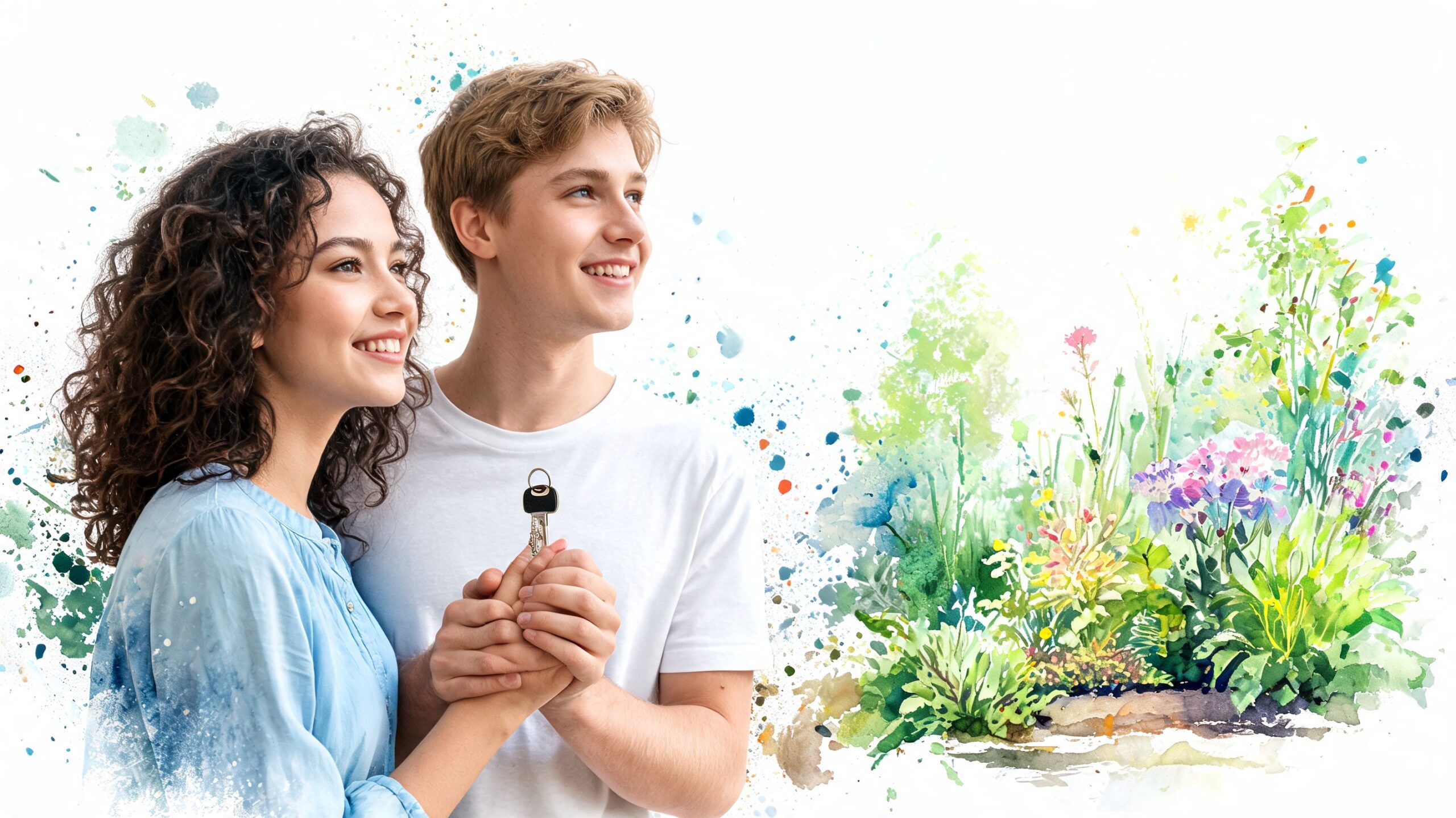 A happy young couple holding a house key together against a creative watercolor garden background.