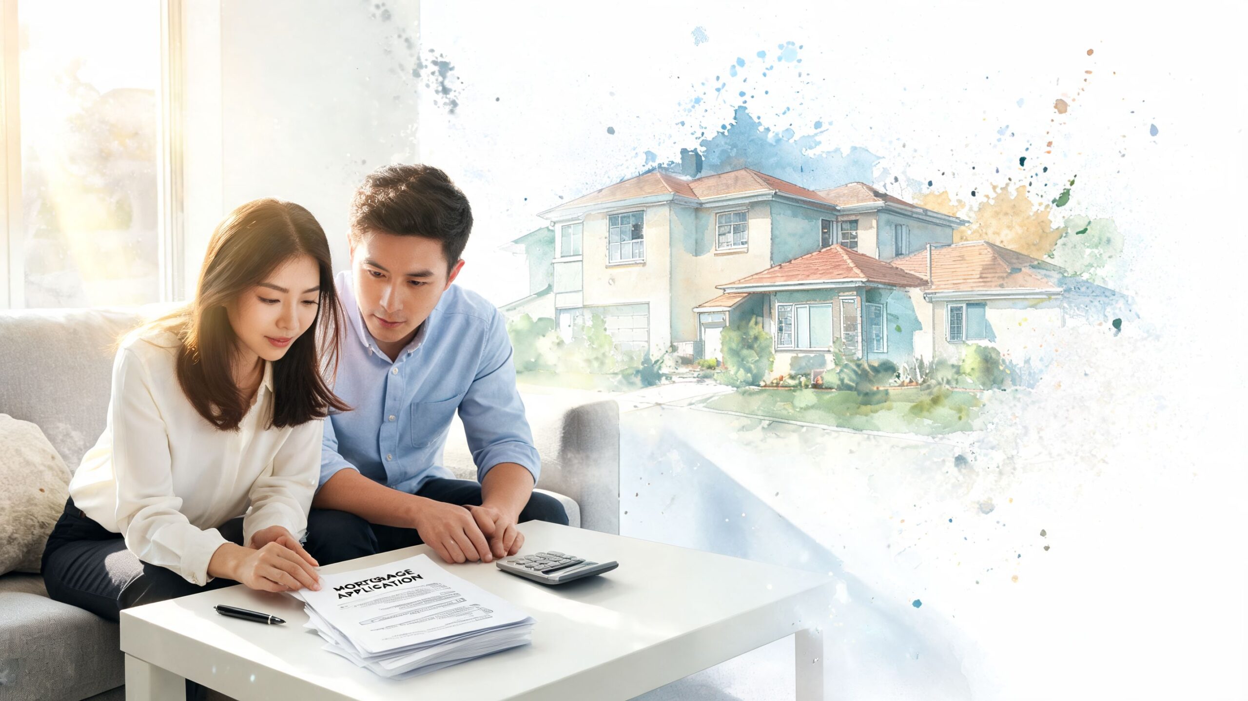 A young couple reviewing mortgage application documents together at home with a dream house illustration.
