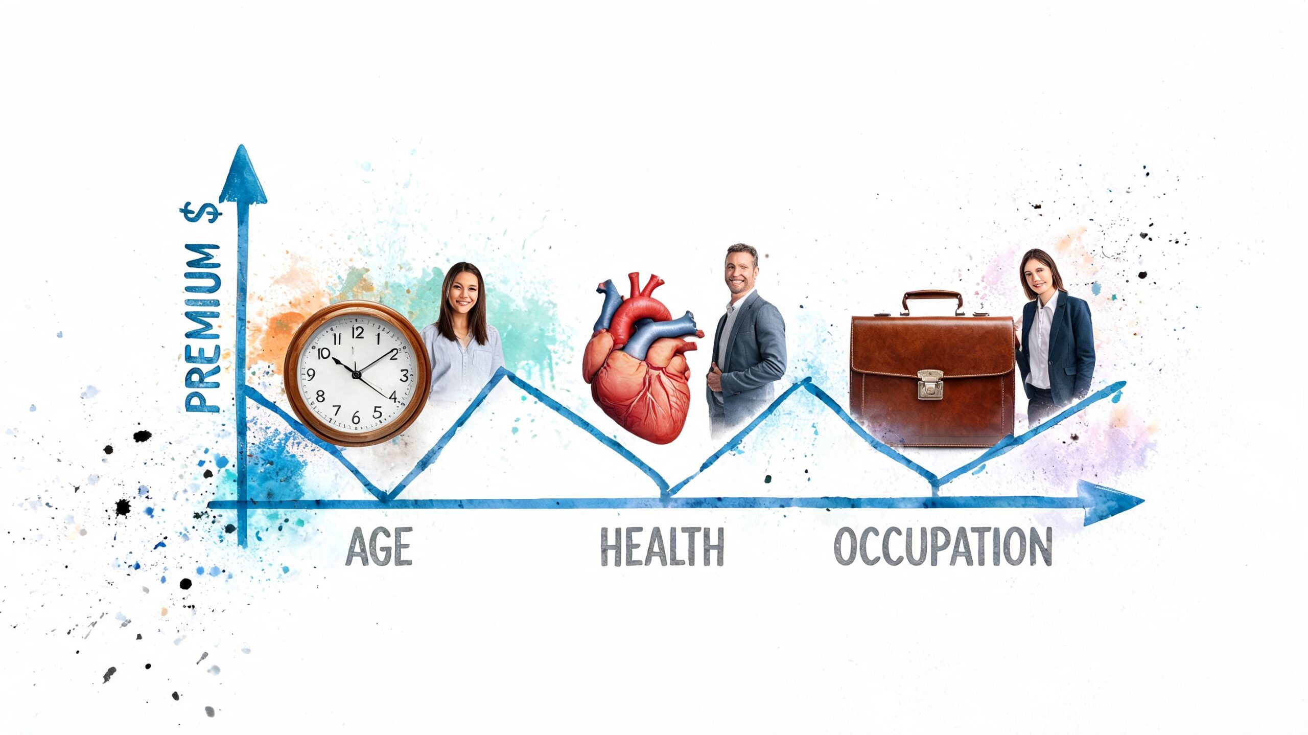 Conceptual illustration showing the three main factors that influence term life insurance premiums: age, health, and occupation.