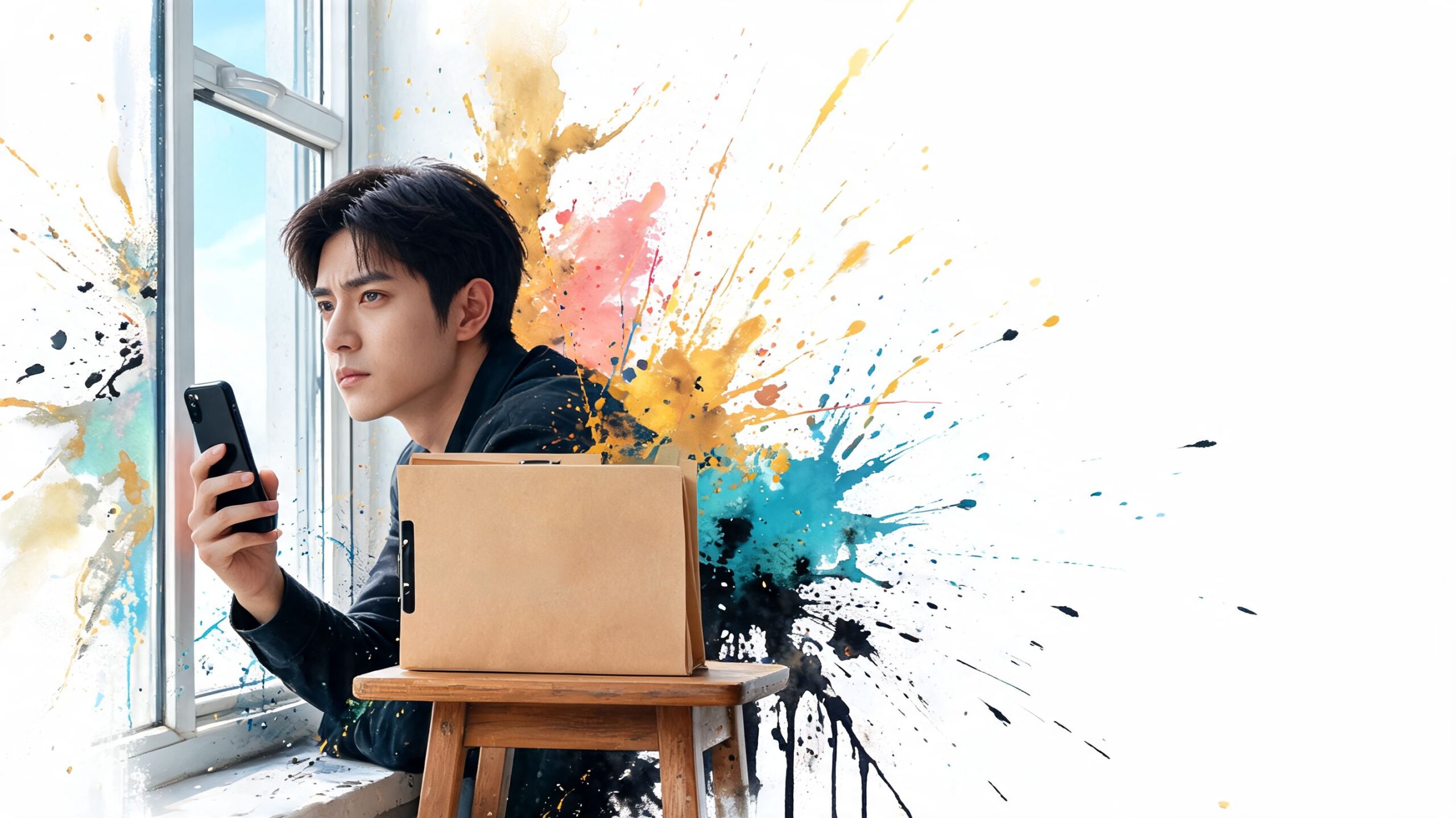 A young man looking thoughtfully out a window while holding a smartphone next to a folder.