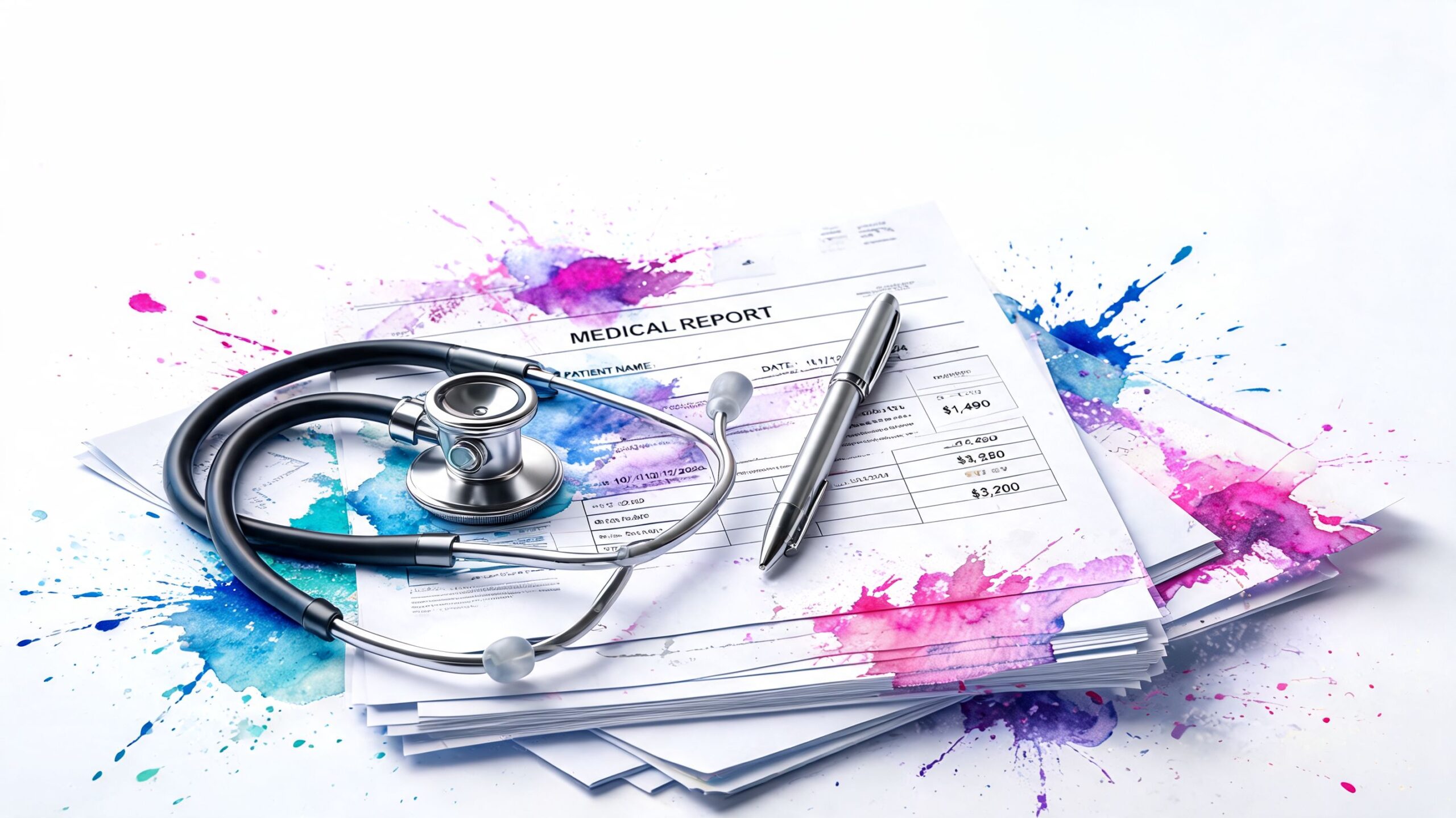 A medical report document with a stethoscope and a pen on top against a colorful watercolor background.