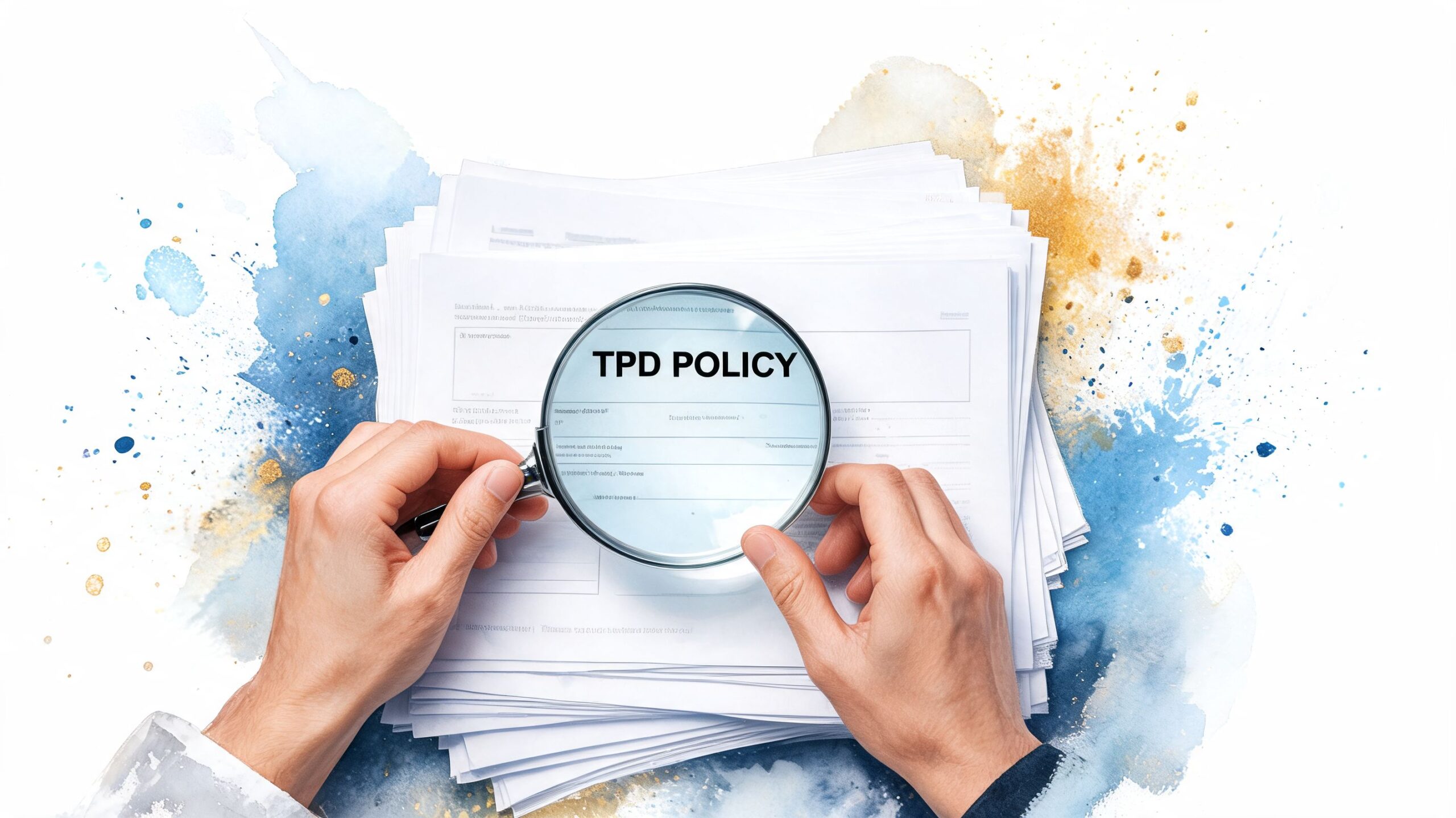 A person using a magnifying glass to examine a TPD policy document on a stack of paperwork.