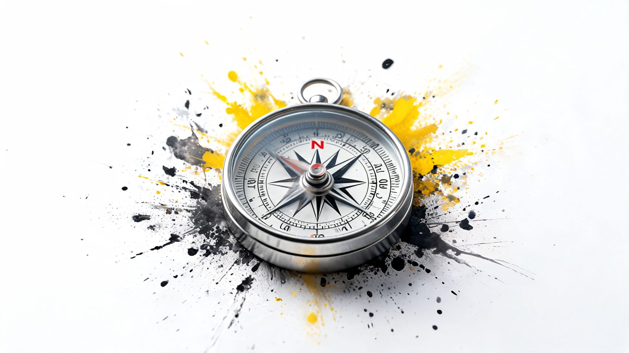 A classic metal compass set against a background of artistic black and yellow paint splashes.