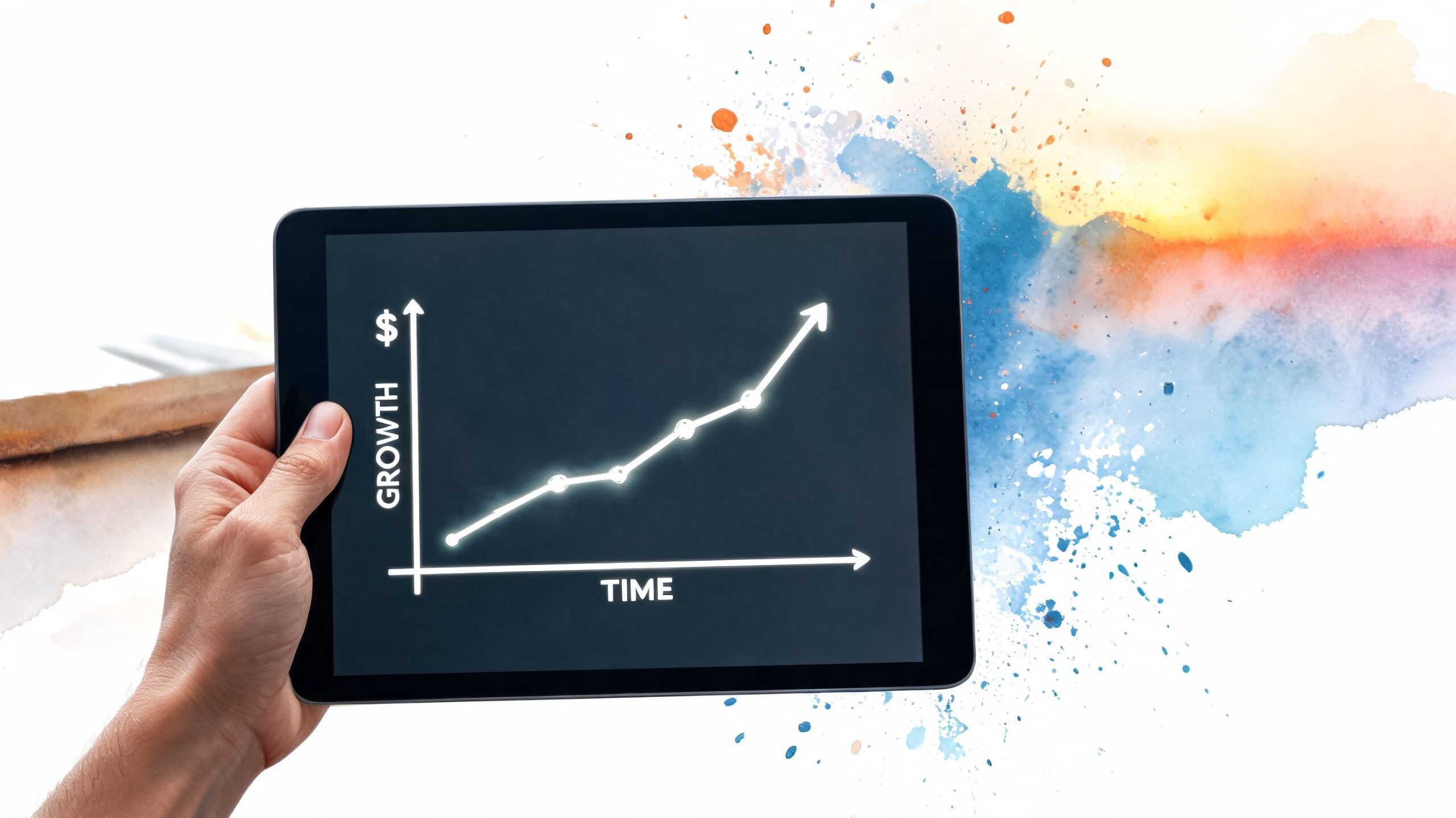 A hand holding a tablet displaying a white line graph showing upward growth over time.