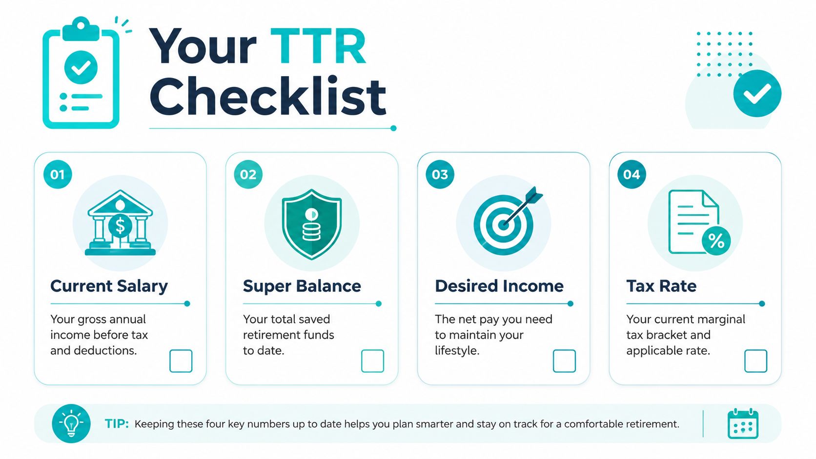 An infographic checklist for a transition to retirement plan, outlining four essential financial preparation steps.