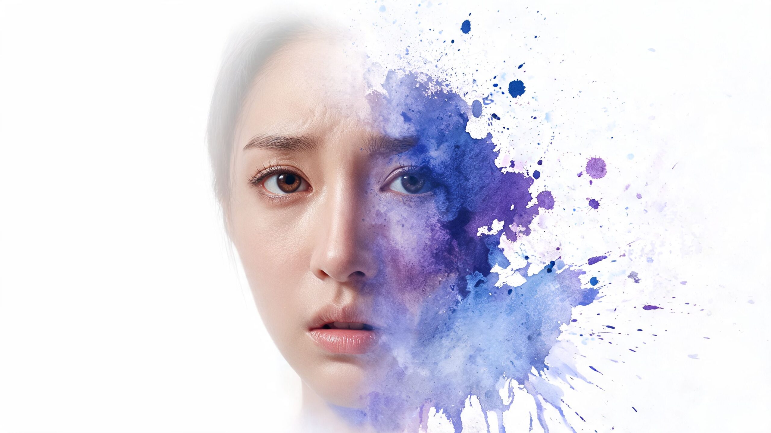 A conceptual portrait showing a woman transitioning into a vibrant, abstract blue and purple watercolor art piece.
